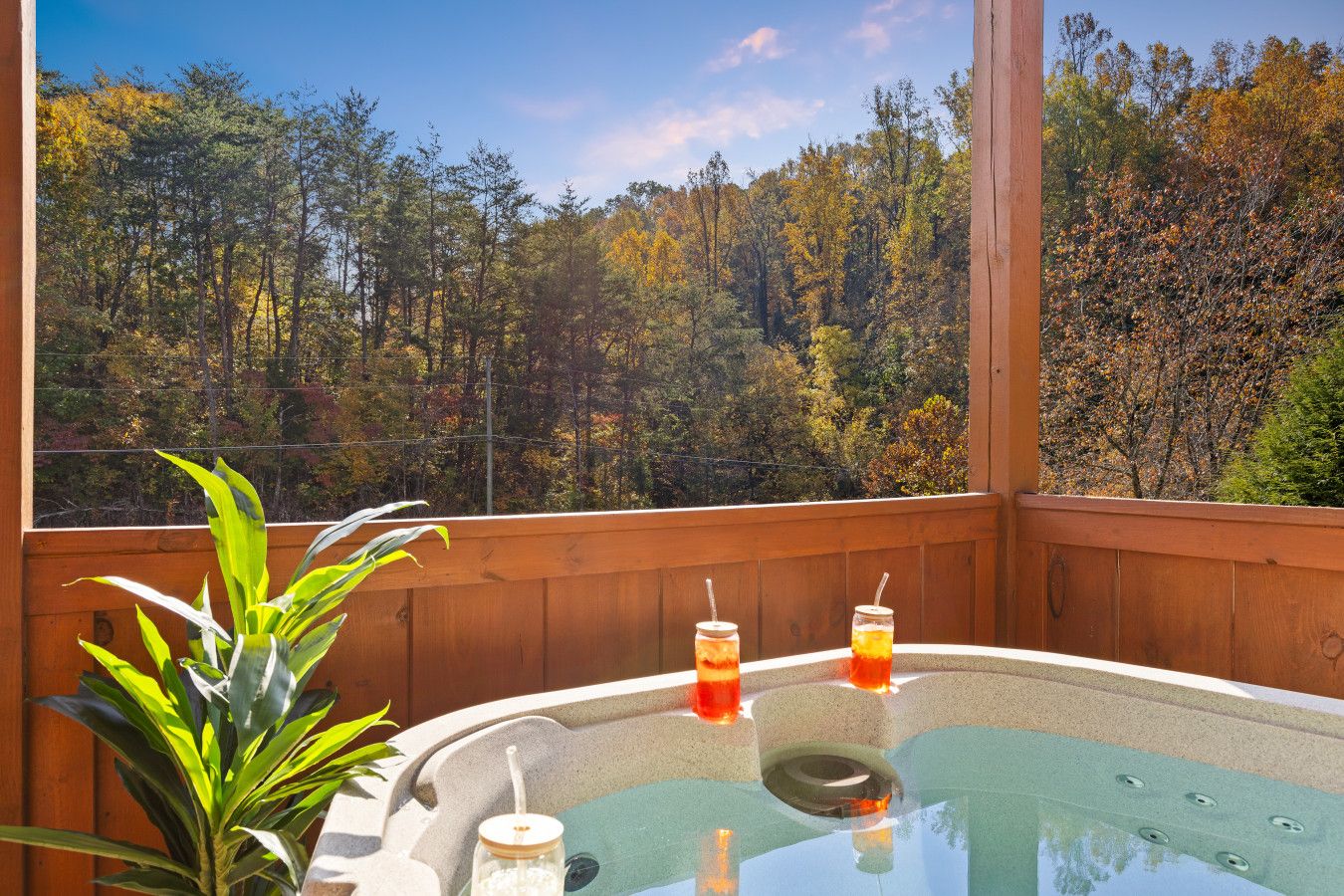 Relax in your private hot tub with mountain views.
