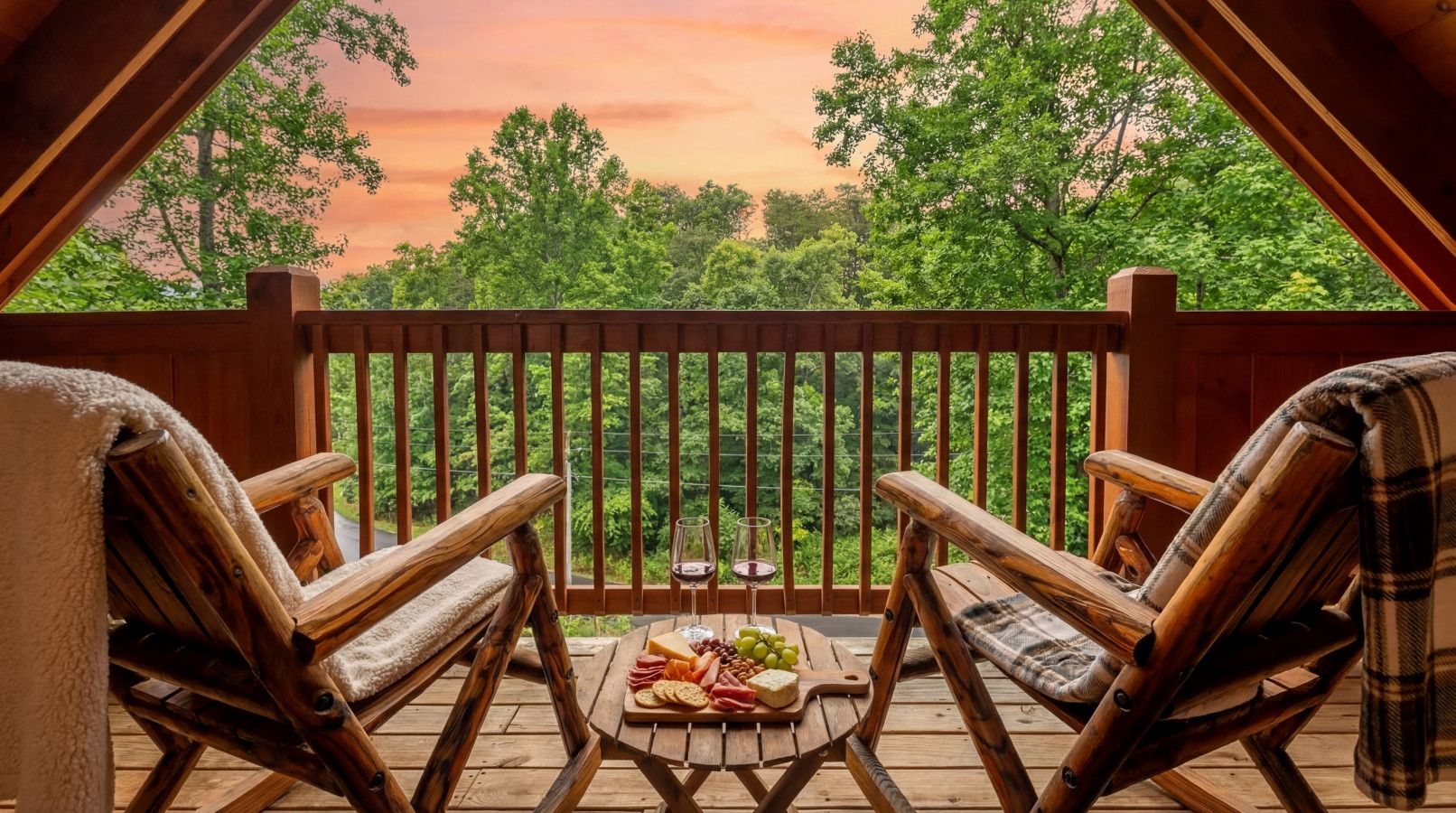 In this cabin, soft evening light meets serene forest surroundings.