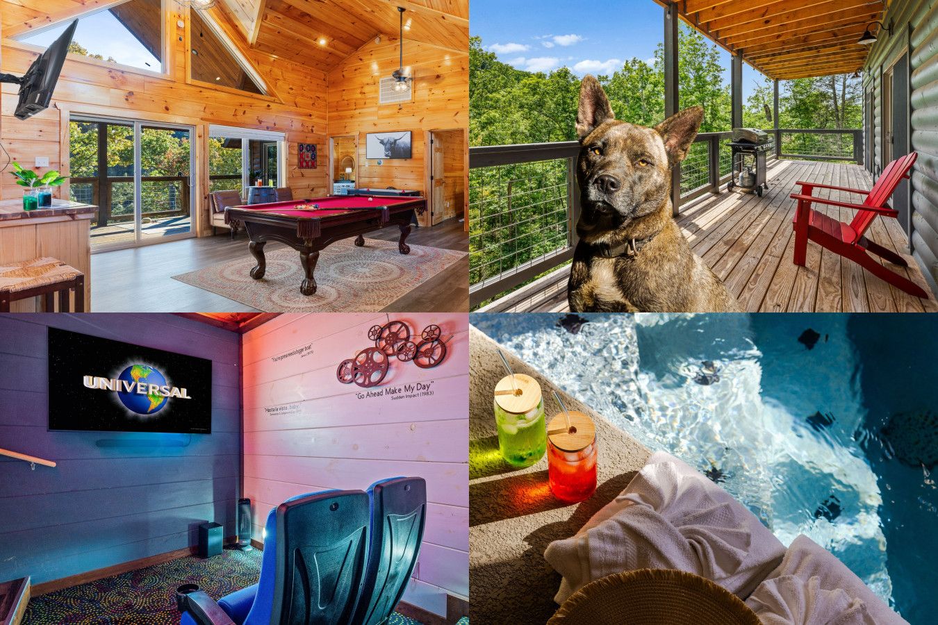 A pet-friendly cabin with luxury amenities, including a private pool, game room, and theater, for an unforgettable Smoky Mountains stay.