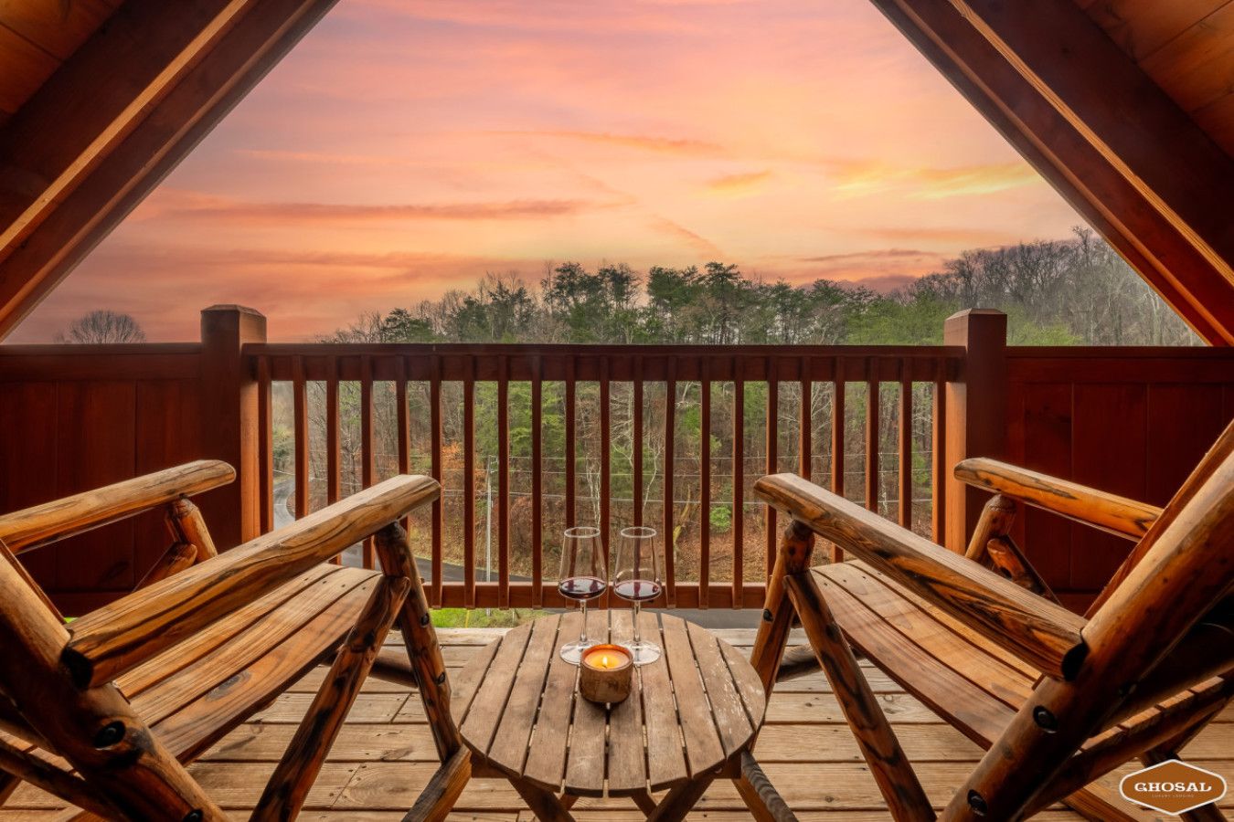 This cabin’s private deck invites you to slow down, sip your wine, and watch the sun paint the sky.