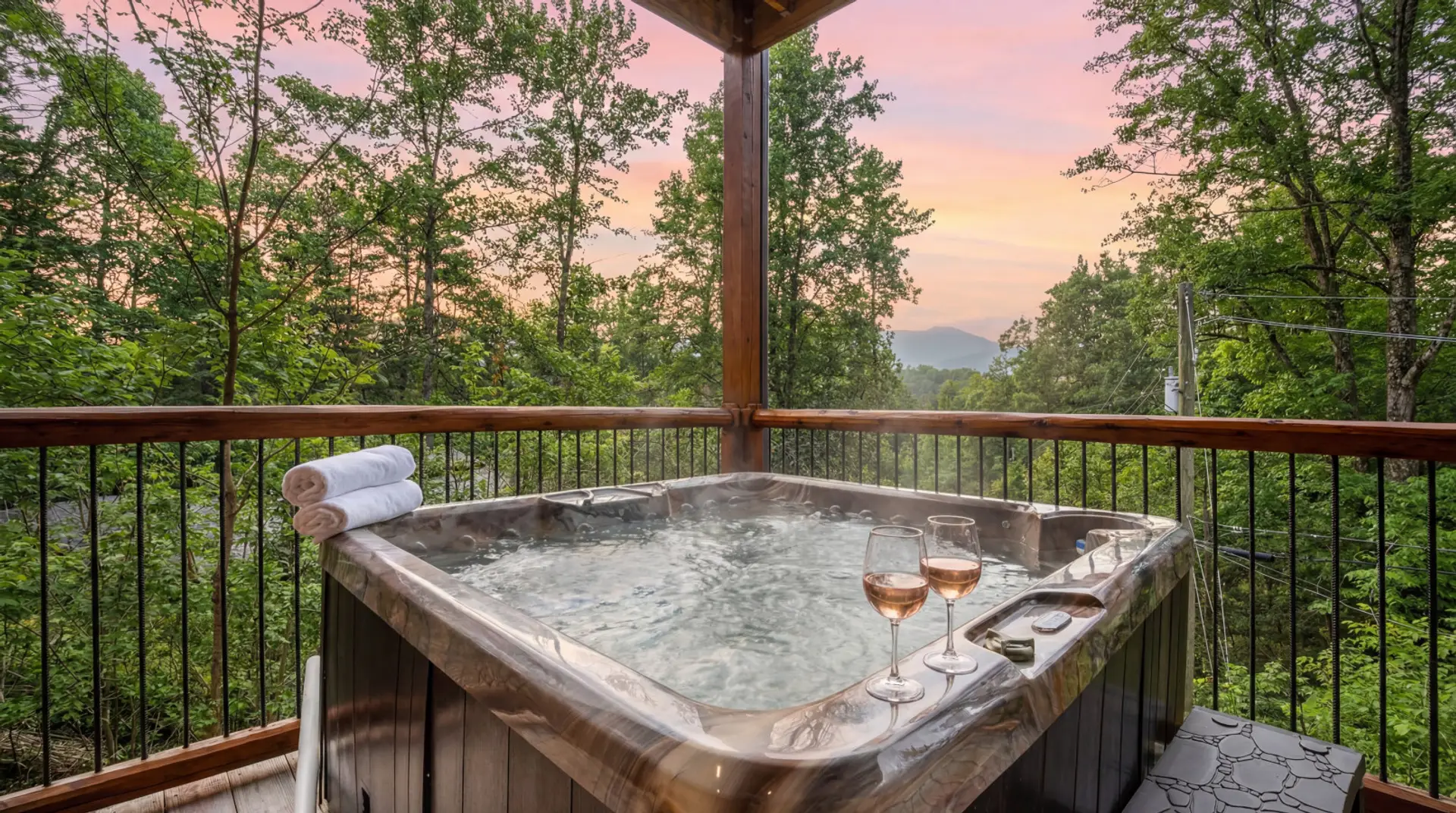 Escape to this chalet and relax in the hot tub at sunset.