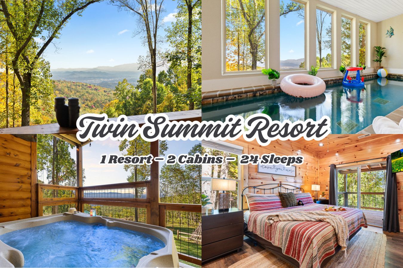 Welcome to Twin Summit Resort. With 10 bedrooms, space for 24 guests, two indoor pools, and breathtaking mountain views, it’s the ultimate retreat for large gatherings.