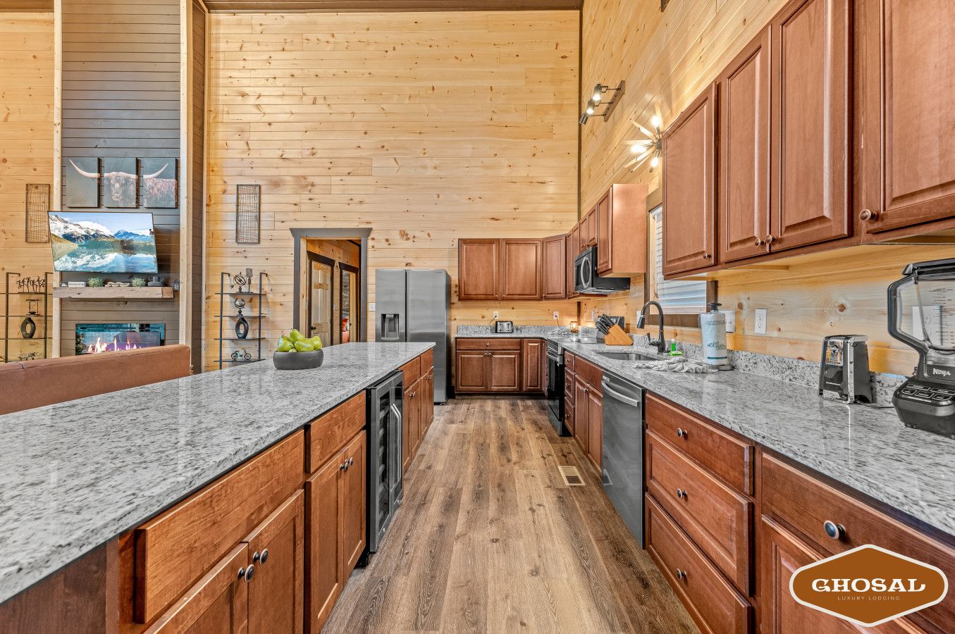 Cabin 1: Fully equipped kitchen designed for group cooking and shared meals.