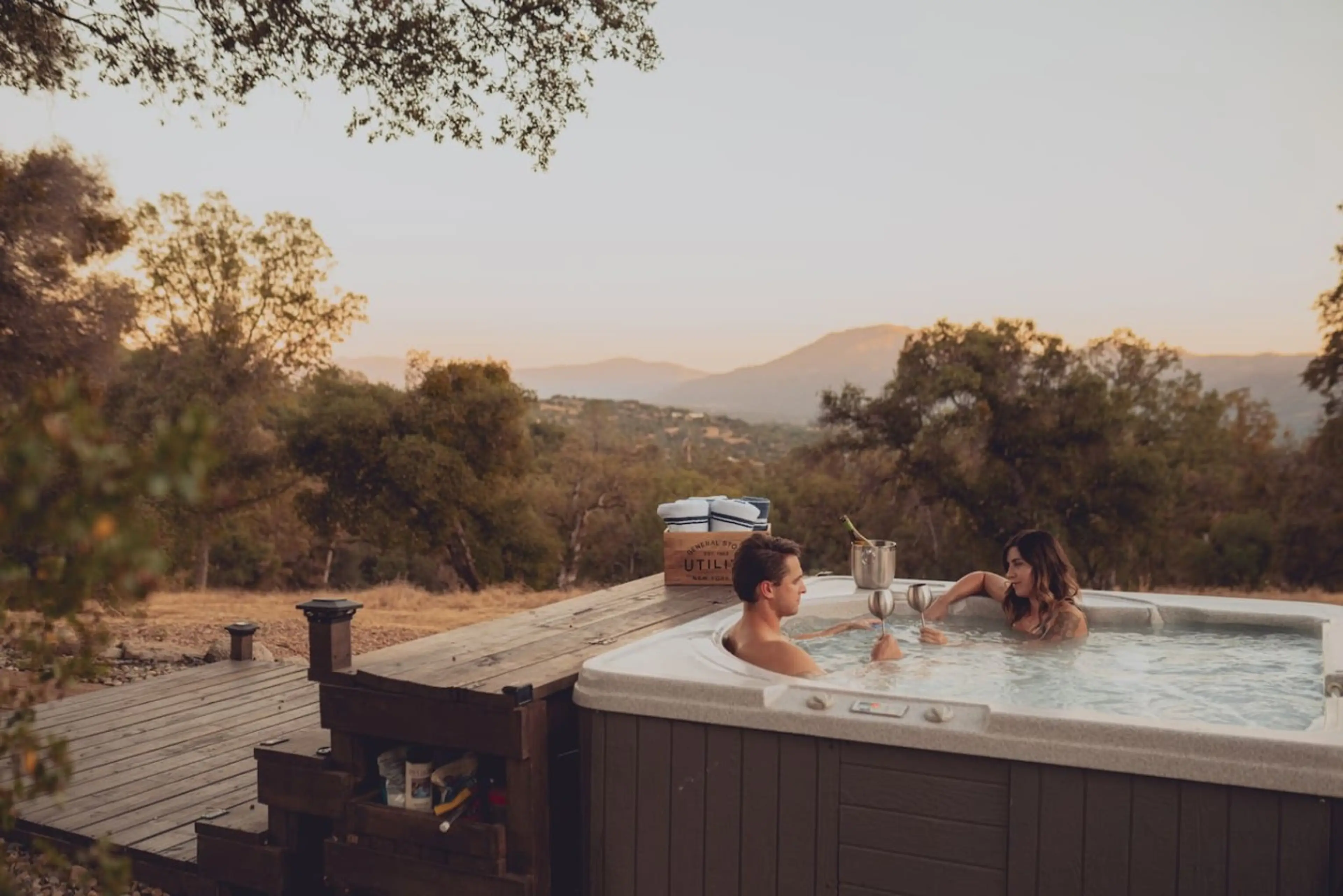 Hot tub, mountain view, glass of wine. Hard to argue with.