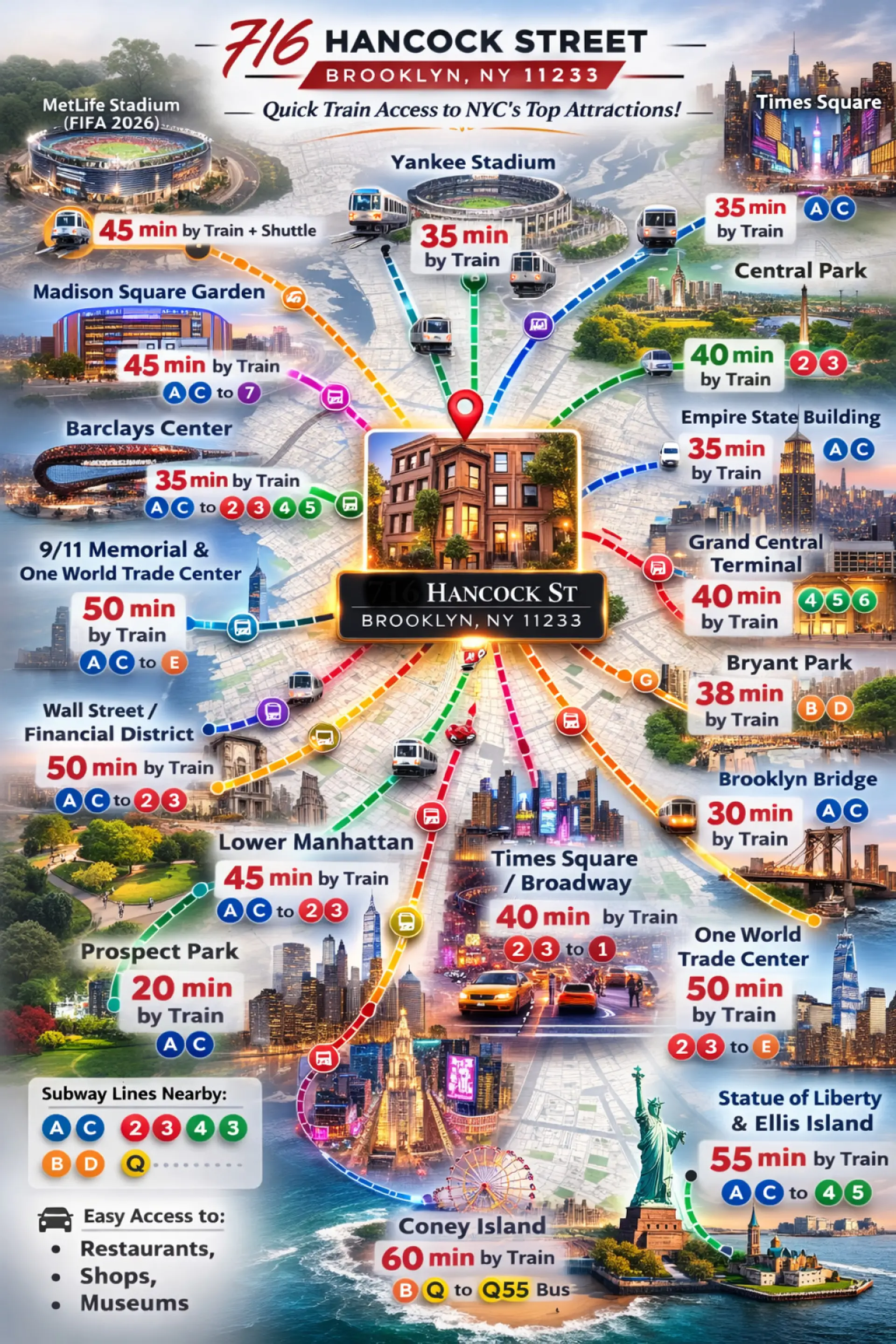 Prime Brooklyn location with quick train access to NYC’s top attractions. From 716 Hancock Street, reach Times Square, Central Park, the Empire State Building, and Lower Manhattan in 30–45 minutes by train. Traveling for FIFA at MetLife Stadium? Easy tran