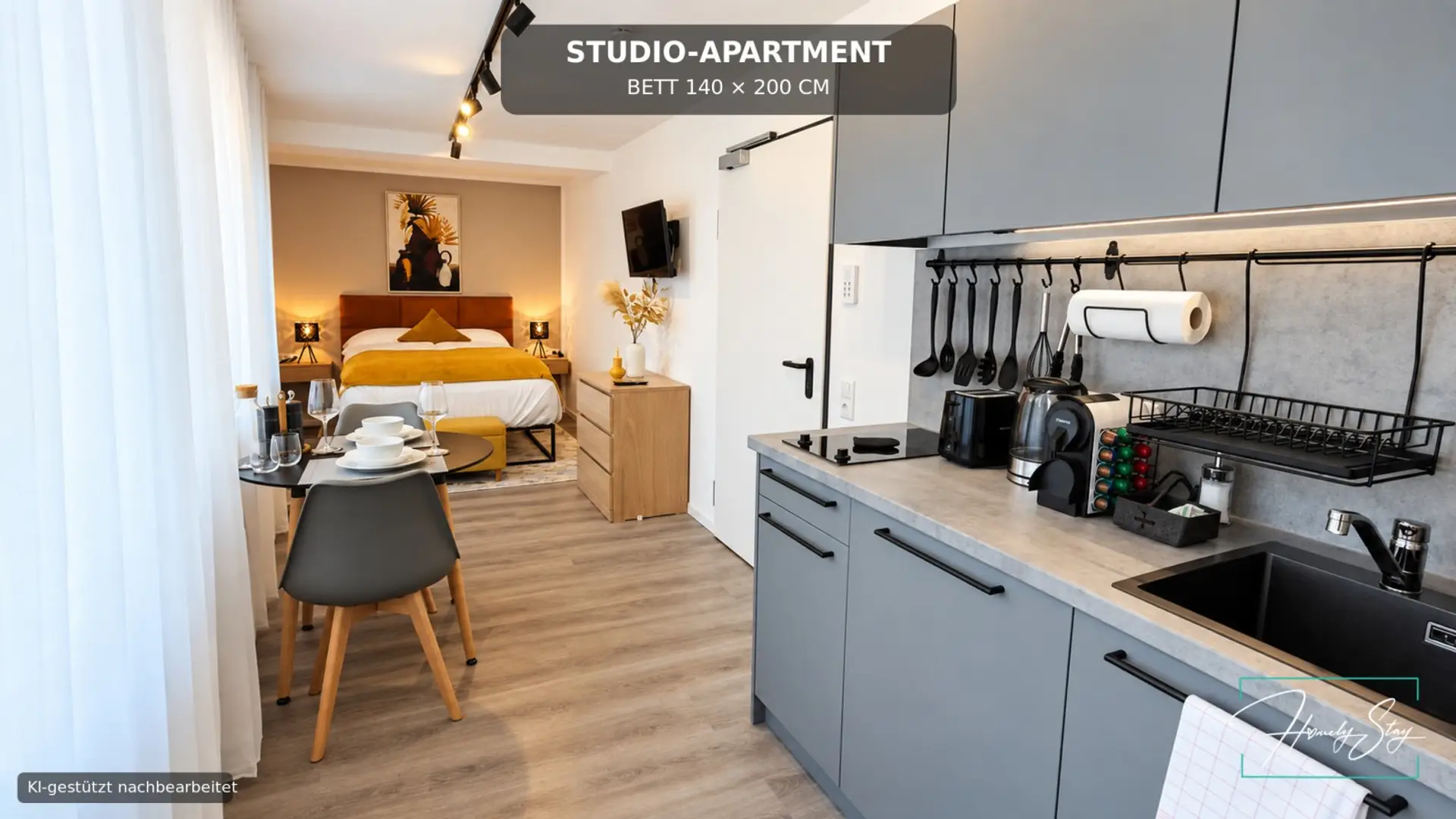 Kueche-mit-Blick-zum-Bett
