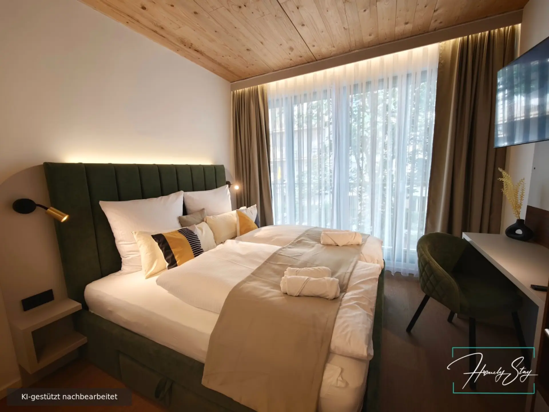 Erstes Schlafzimmer - Warme Raumansicht mit Holzdecke