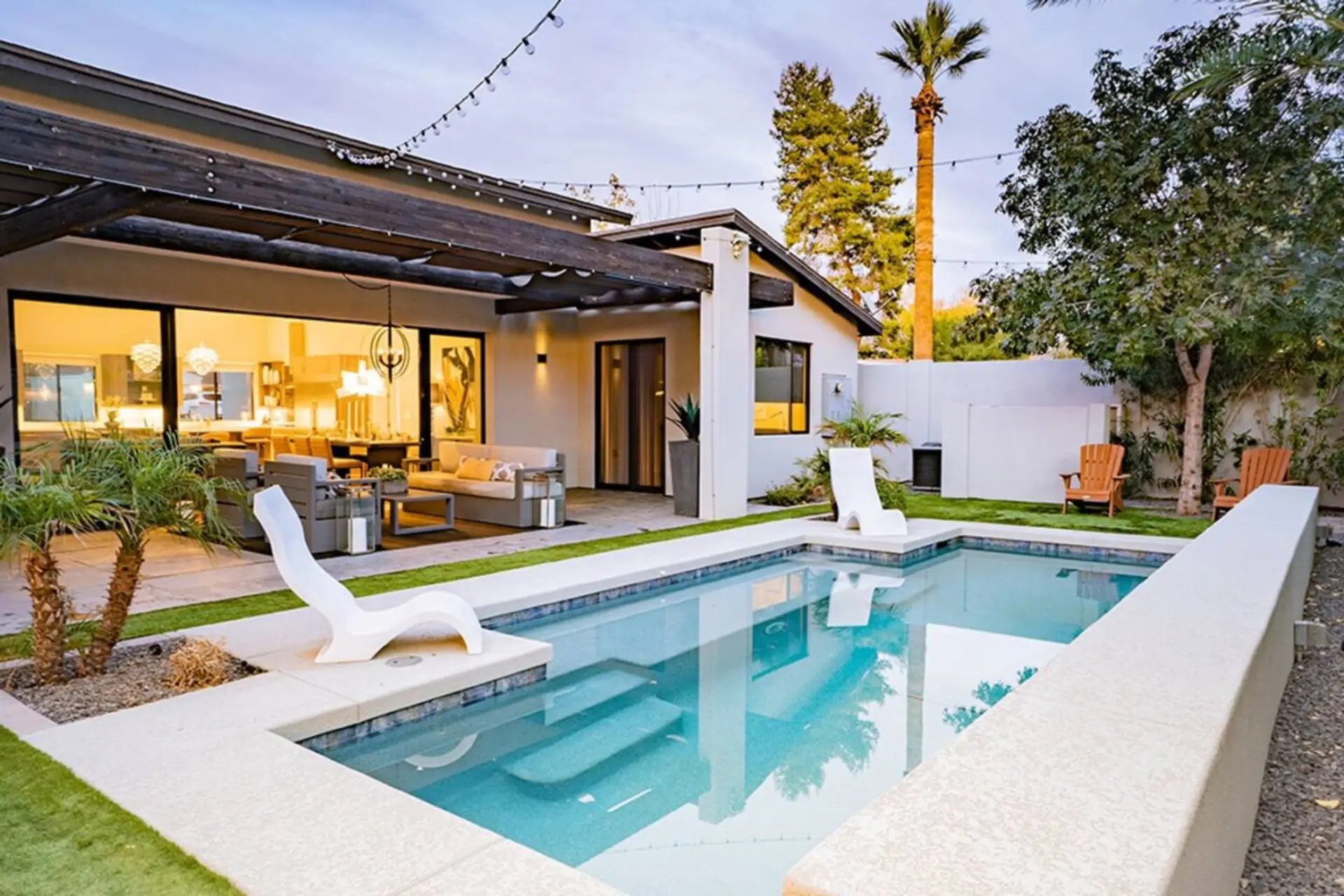 Heated Pool to 82 degrees! String lighting, Private Backyard with Mature Landscaping.