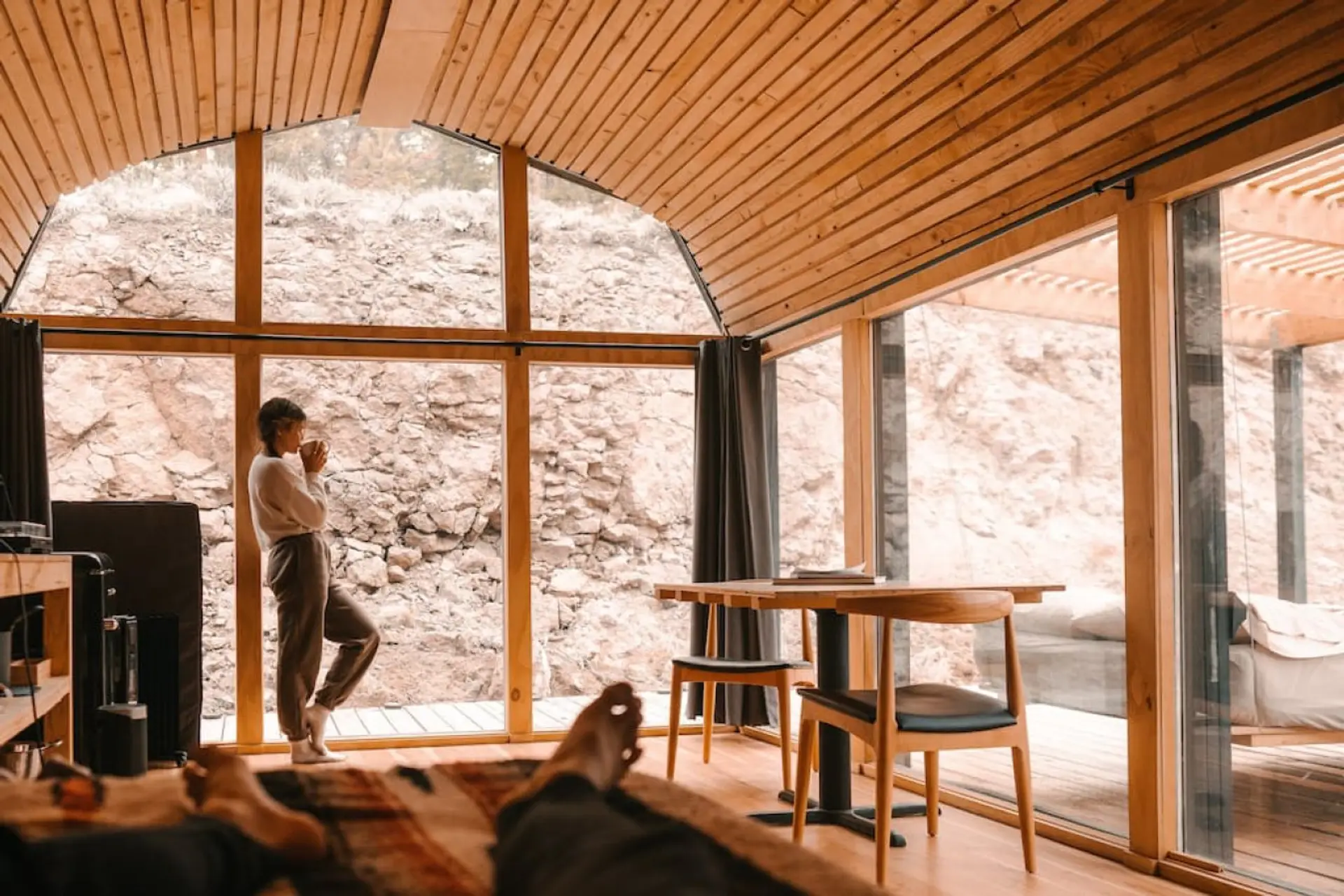 Rock wall view from bed