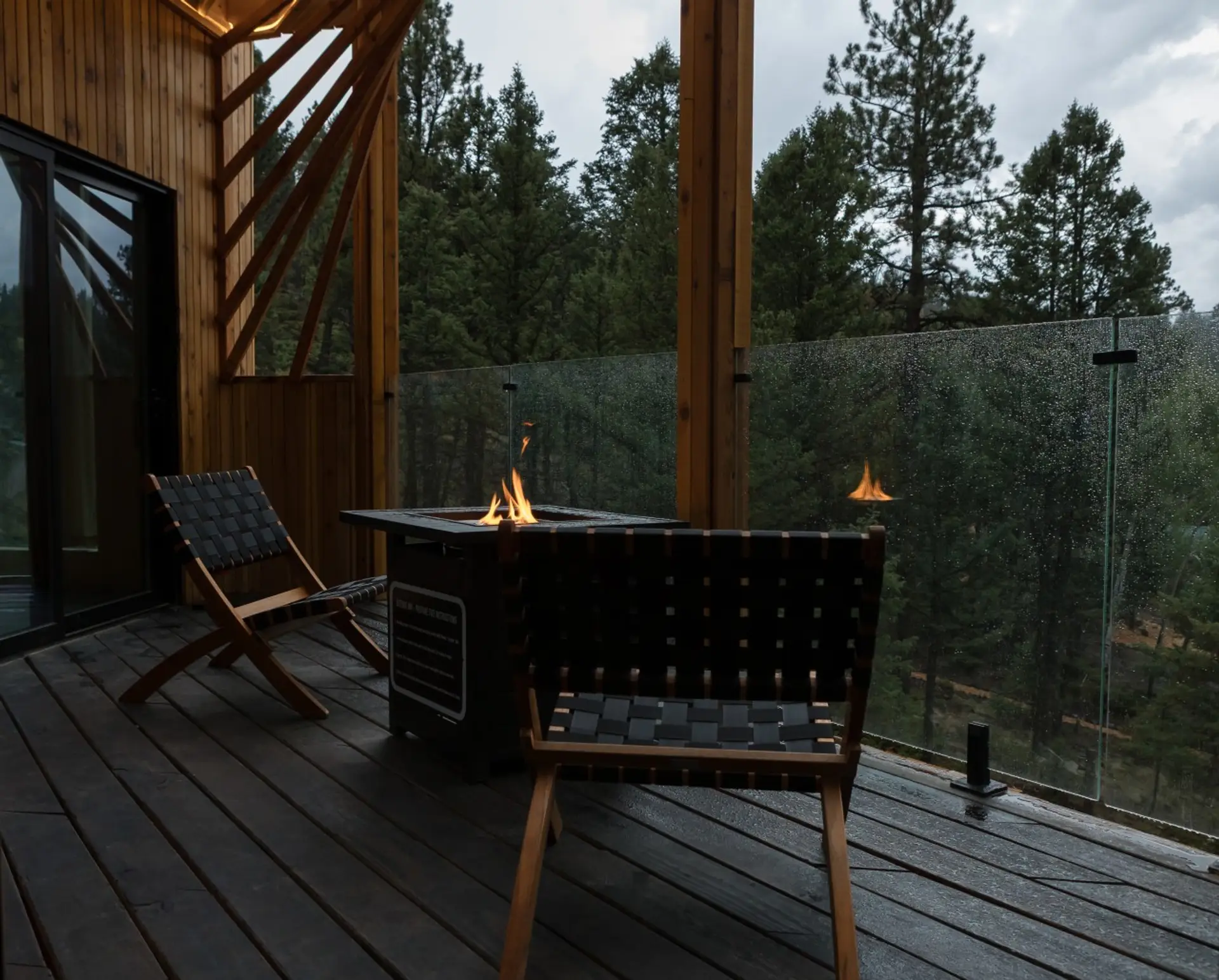 Covered balcony fire in rain