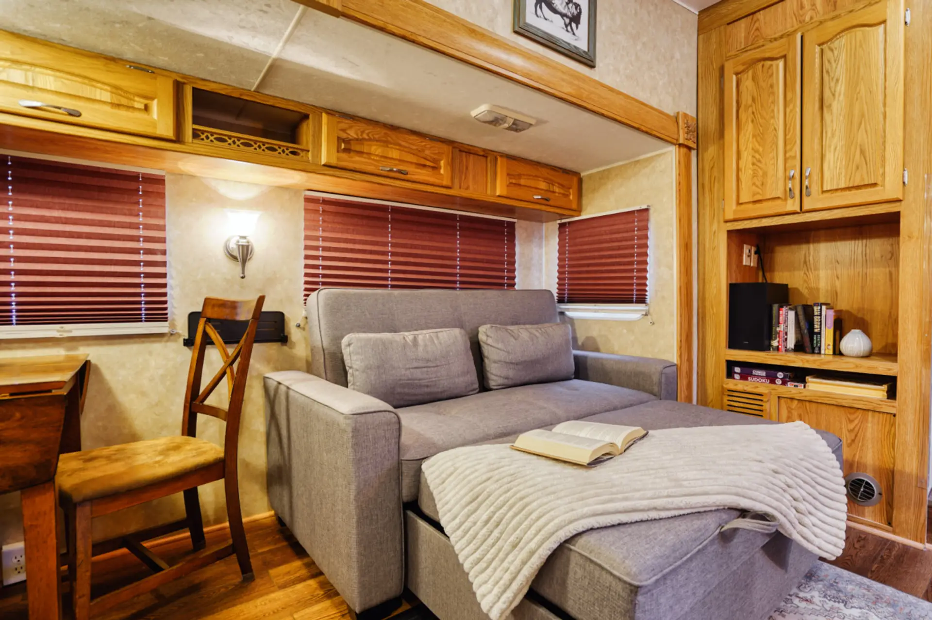 Relax on a pull out double chaise couch in living room.