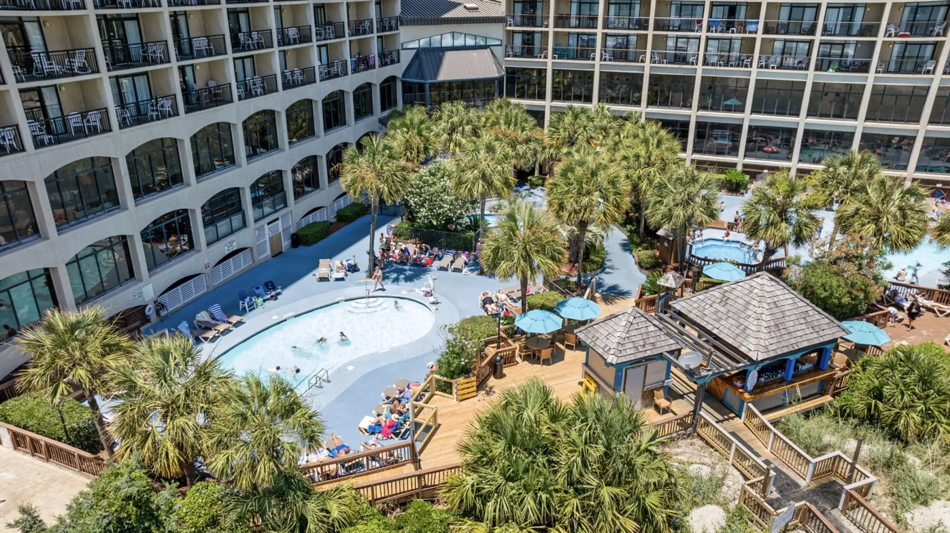 Beach Cove's tropically themed pool area, one of the premier resort settings in North Myrtle Beach.