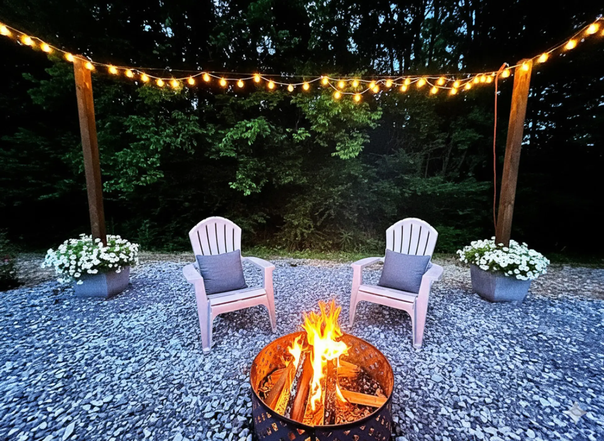 Quiet evenings around the firepit under the string lights — the perfect way to end a lake day.