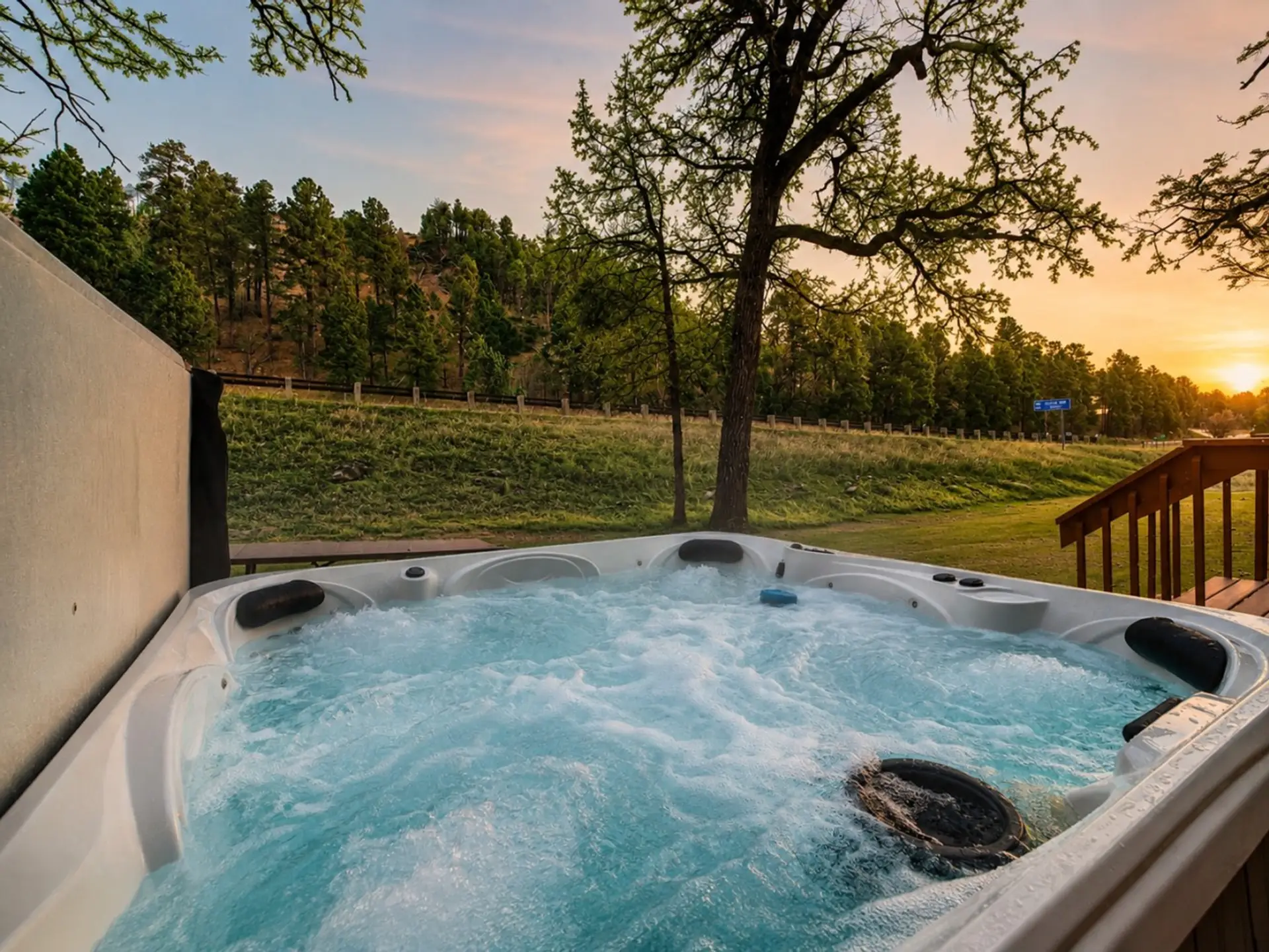 Bubbling hot tub with open Black Hills views, peaceful greenery, and a soft sunset glow.