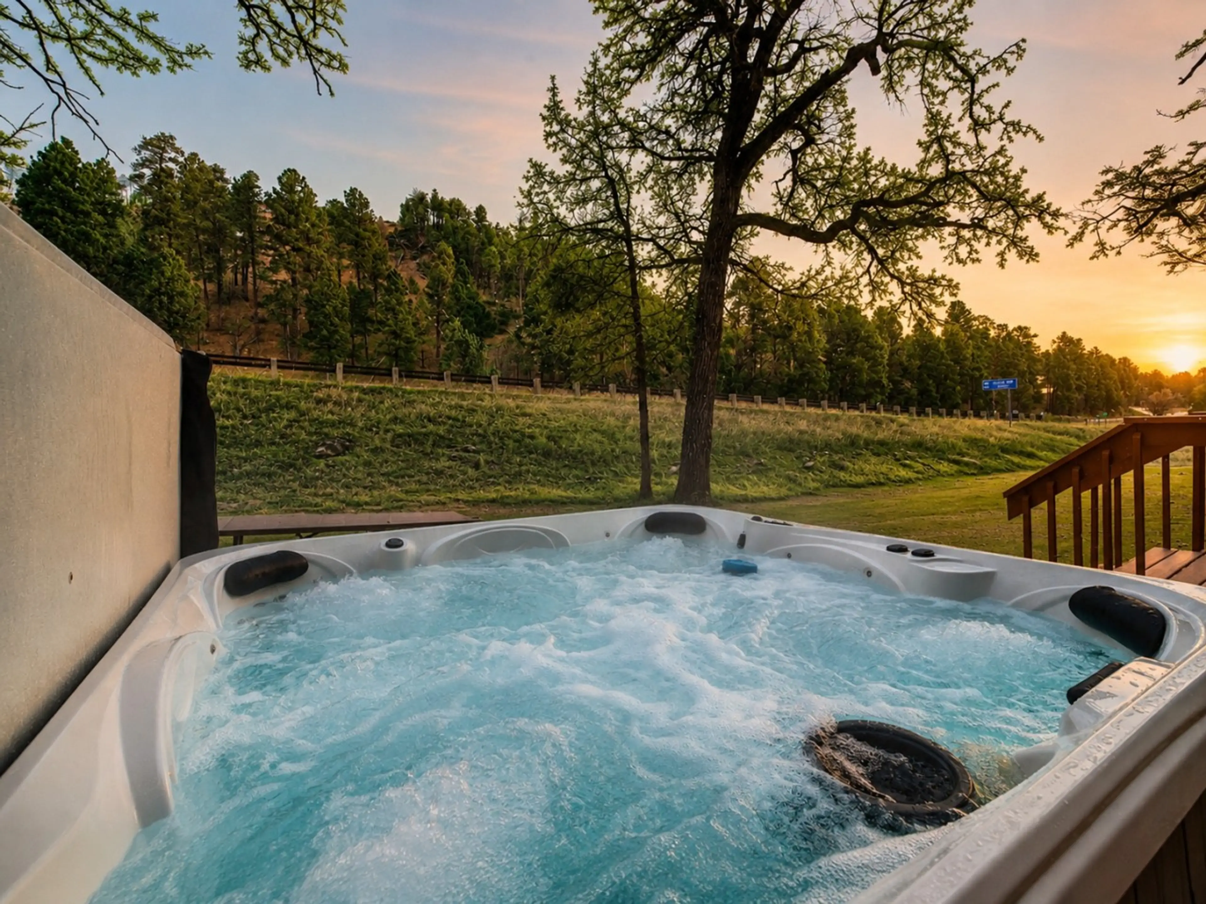 Bubbling hot tub with open Black Hills views, peaceful greenery, and a soft sunset glow.