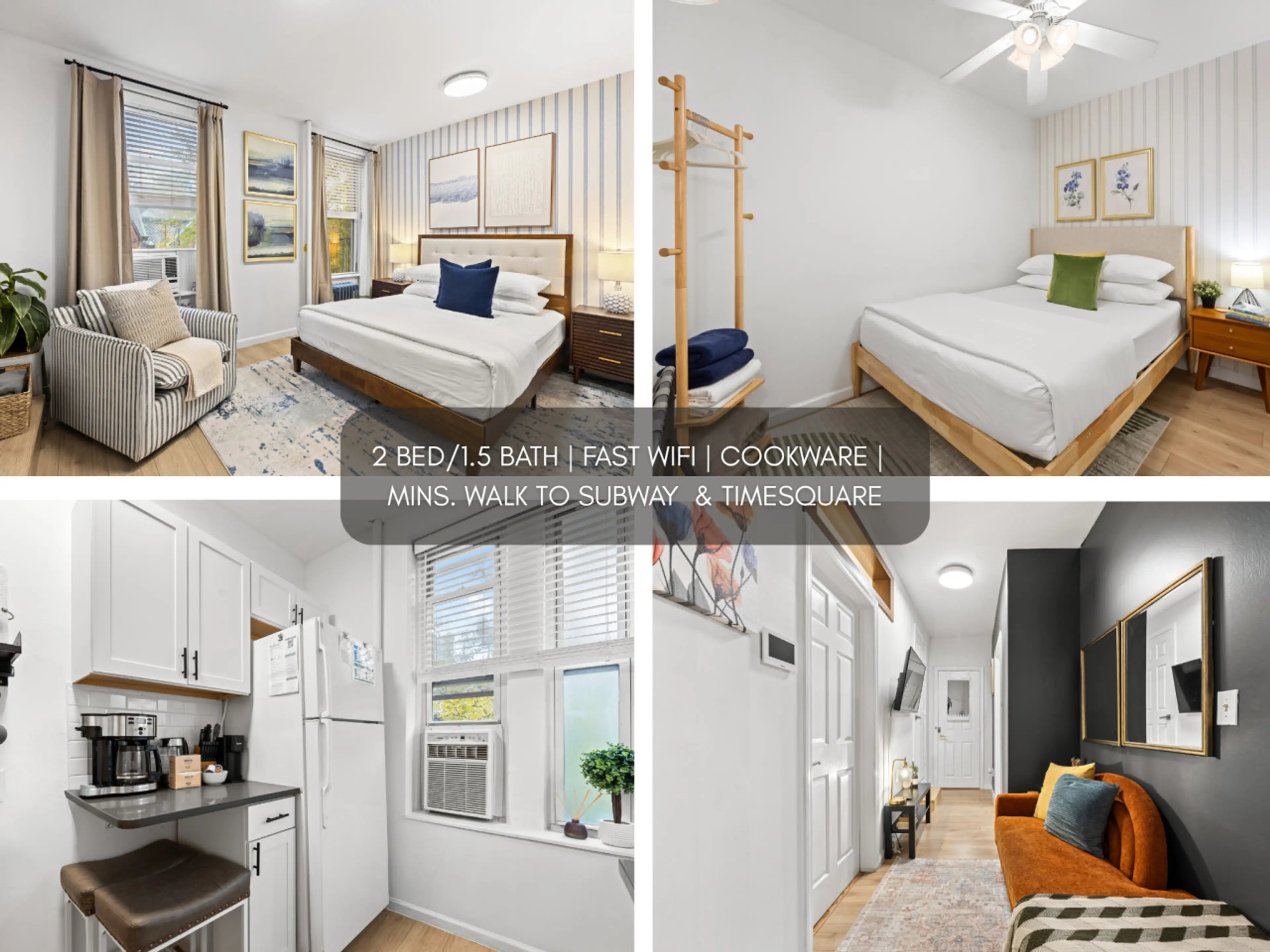 Inviting 2BR/1.5BA with bright bedrooms, fast WiFi, a stocked kitchen, and a cozy lounge. Minutes to Times Square, the subway, and great Midtown spots—perfect for a comfortable, convenient stay.