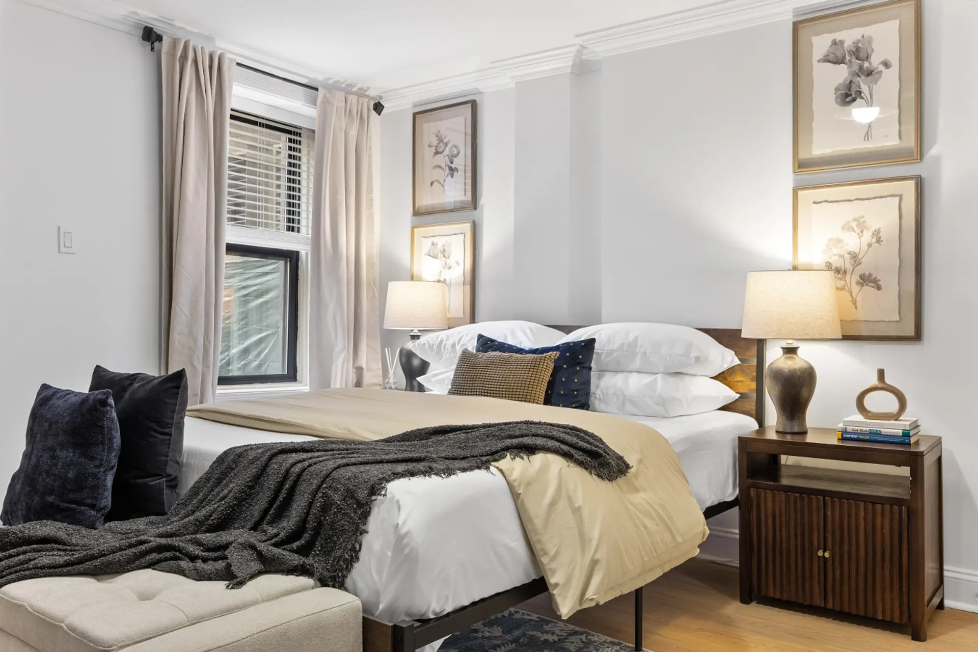 Enjoy a restful night's sleep on the comfortable queen bed, complete with fresh bedding and extra pillows.