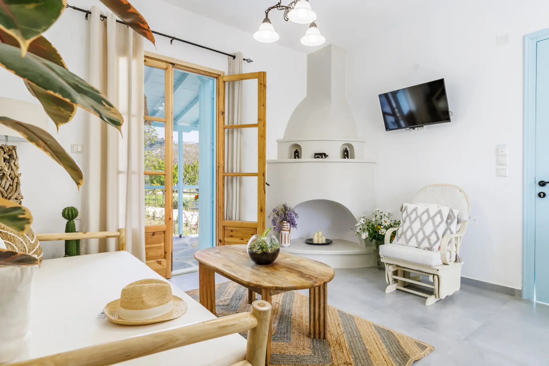 Beautiful living space with patio access and fireplace