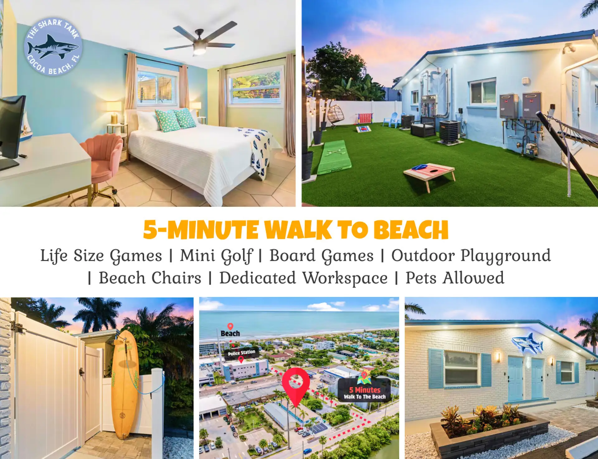 The Shark Tale Beach House—5 mins to Cocoa Beach with games, playground, beach gear & workspace. Pet-friendly & guest-loved!