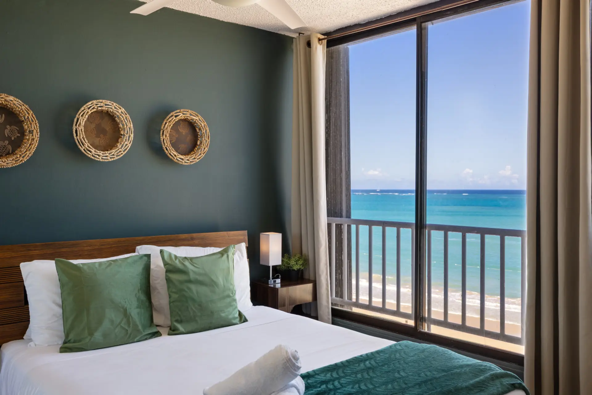 Master bedroom with queen bed and AC
