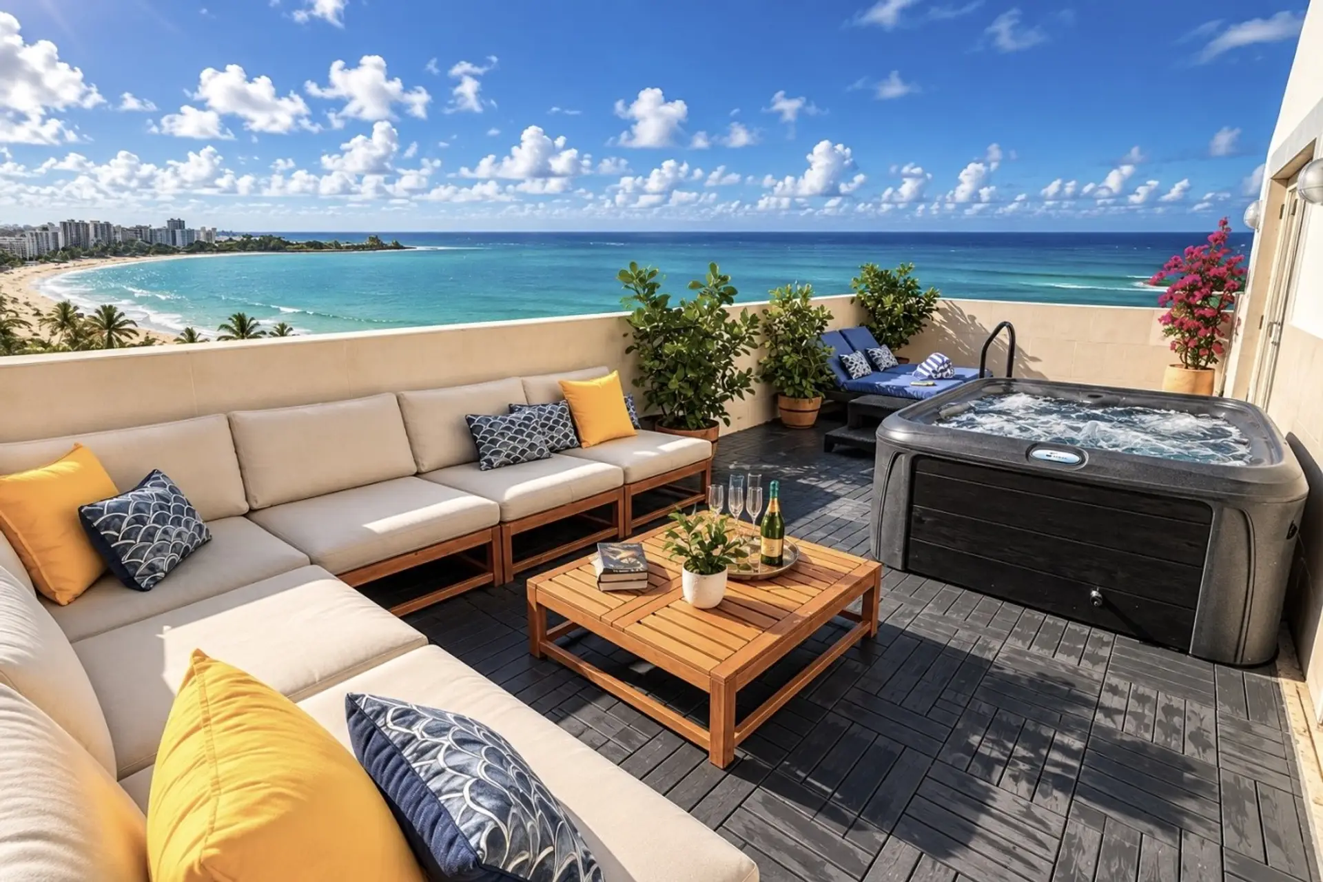 Luxury Terrace with hot tub, offering panoramic views of the beach and city skyline.