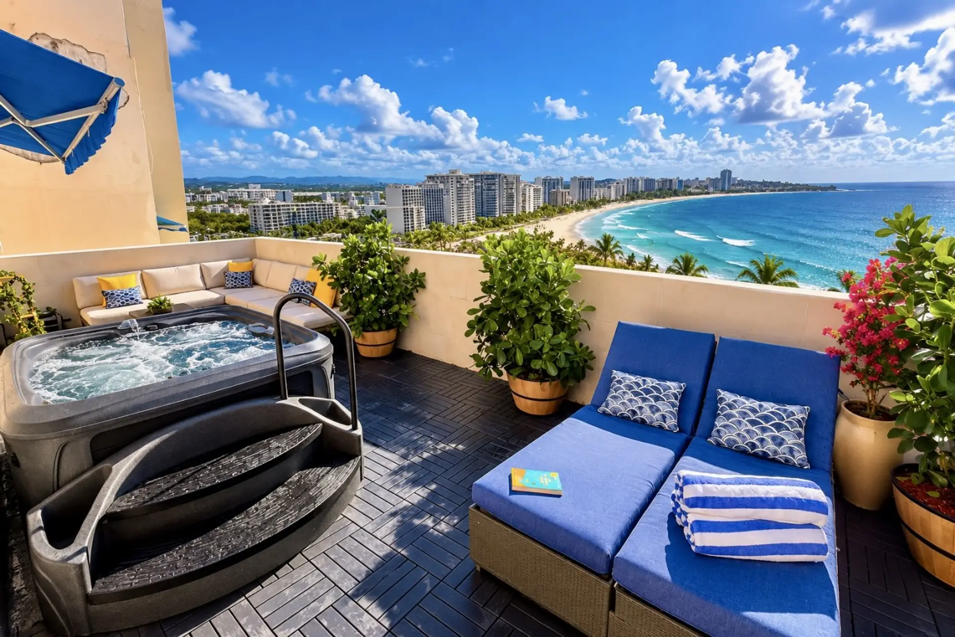Luxury Terrace with hot tub, offering panoramic views of the beach and city skyline.