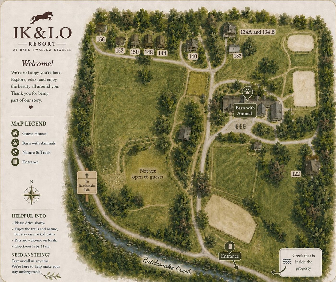 Illustrated map of the houses and grounds at Ik & Lo Resort
