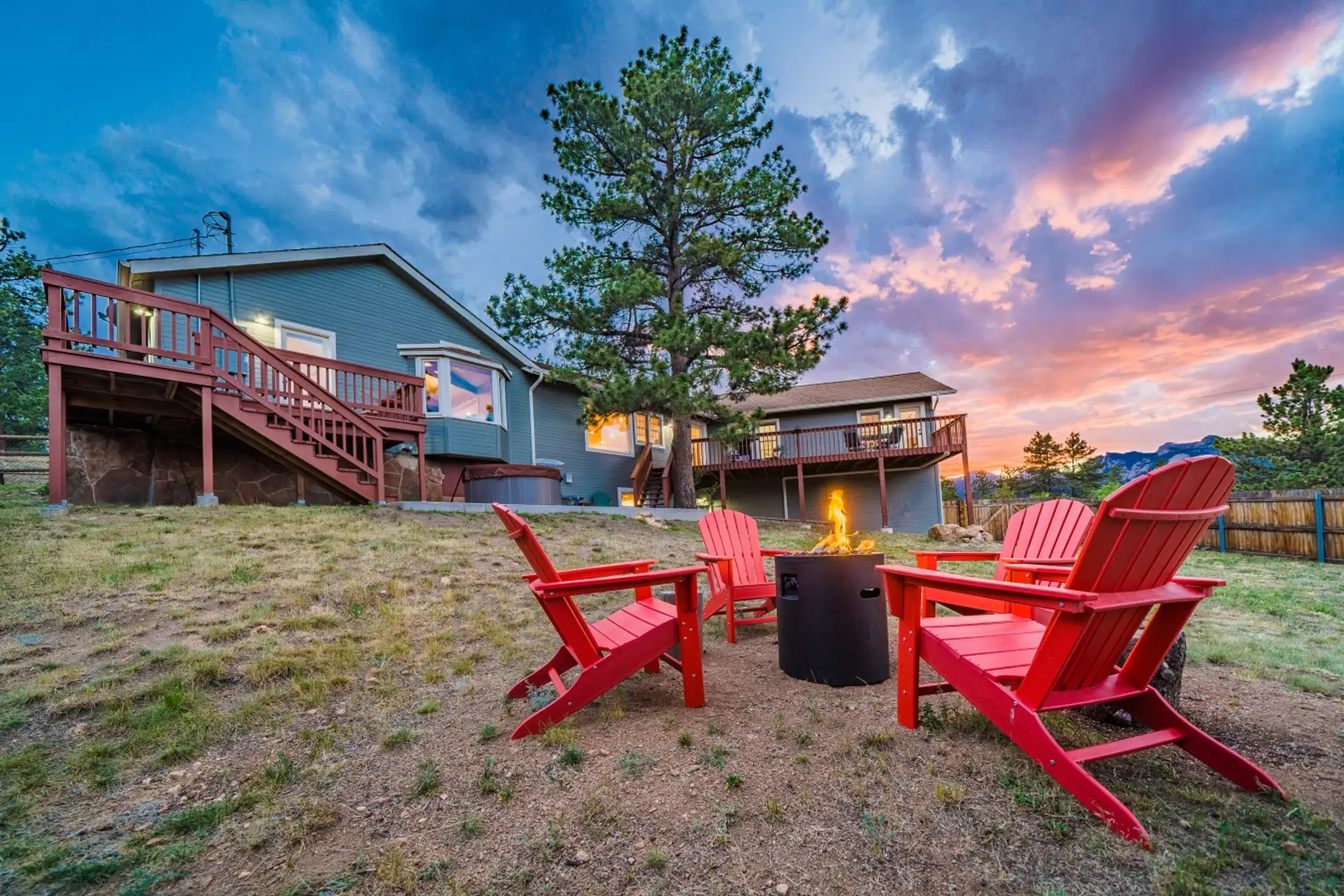 Fire pit evenings under colorful Rocky Mountain skies. Gather around the flames after a day exploring Estes Park and Rocky Mountain National Park.