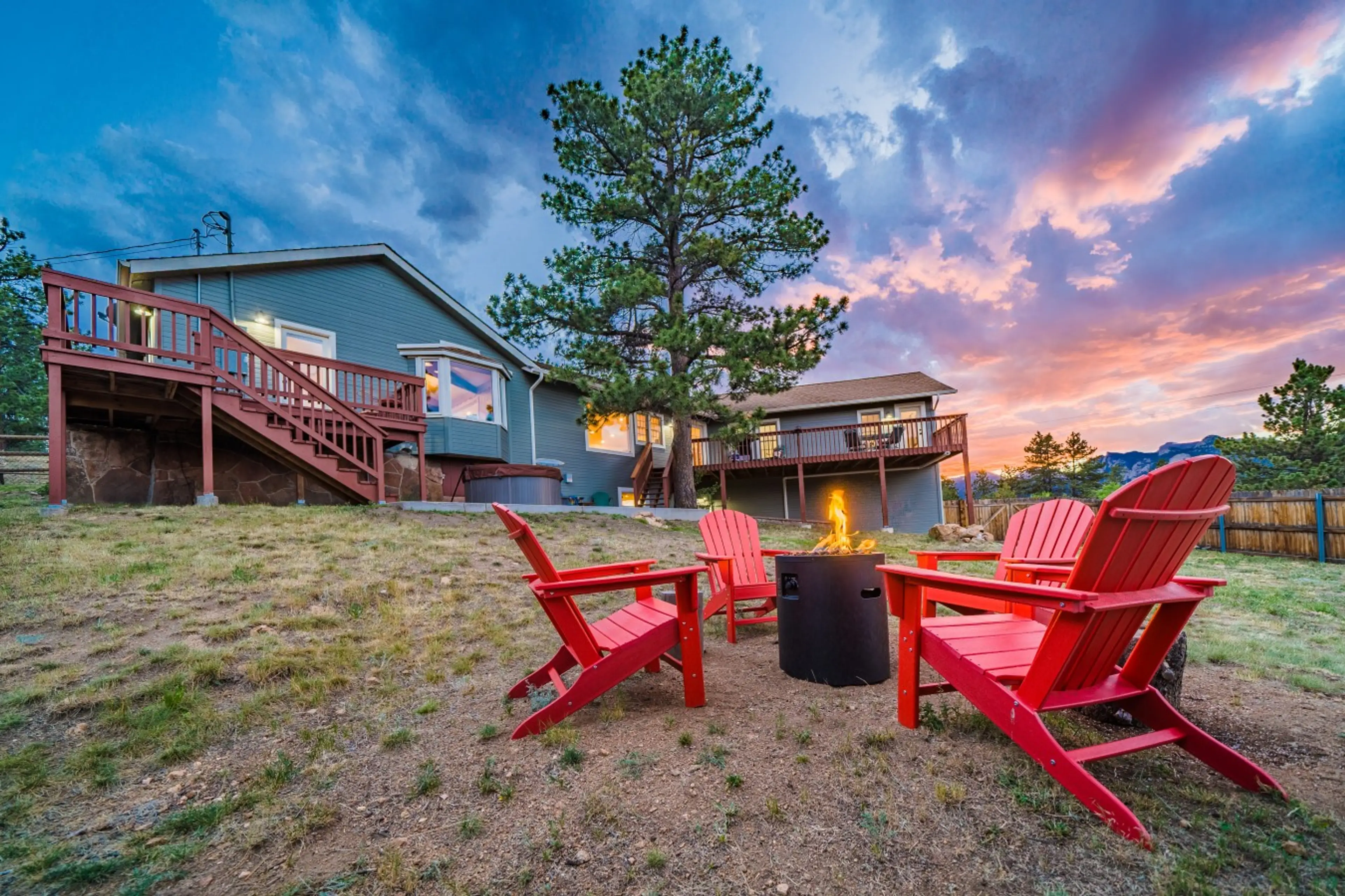 Fire pit evenings under colorful Rocky Mountain skies. Gather around the flames after a day exploring Estes Park and Rocky Mountain National Park.
