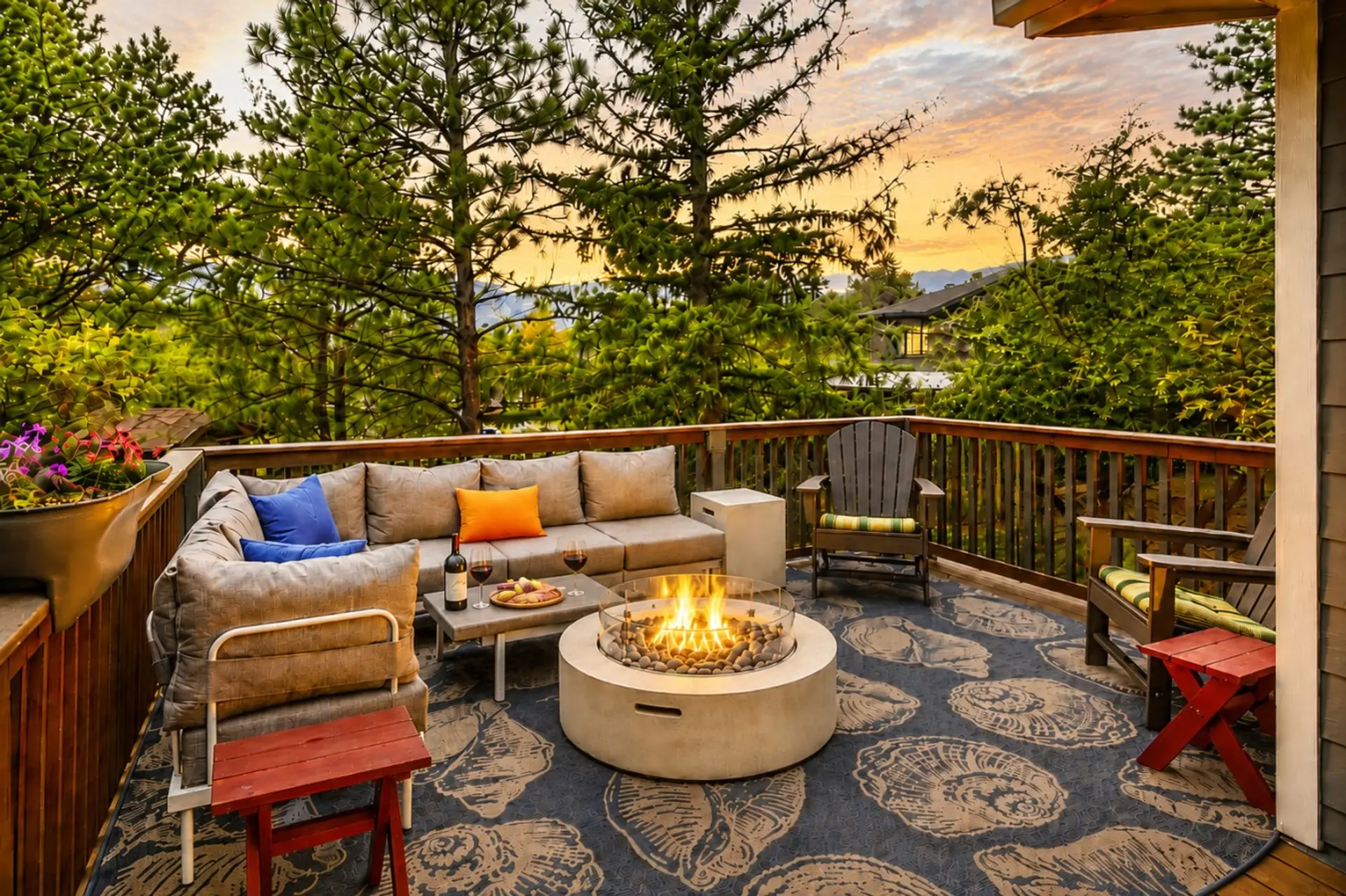 Relax around the fire pit with a glass of wine as the Colorado sunset paints the sky. Surrounded by towering pines, this cozy deck is the perfect place to unwind after a day exploring Rocky Mountain National Park.