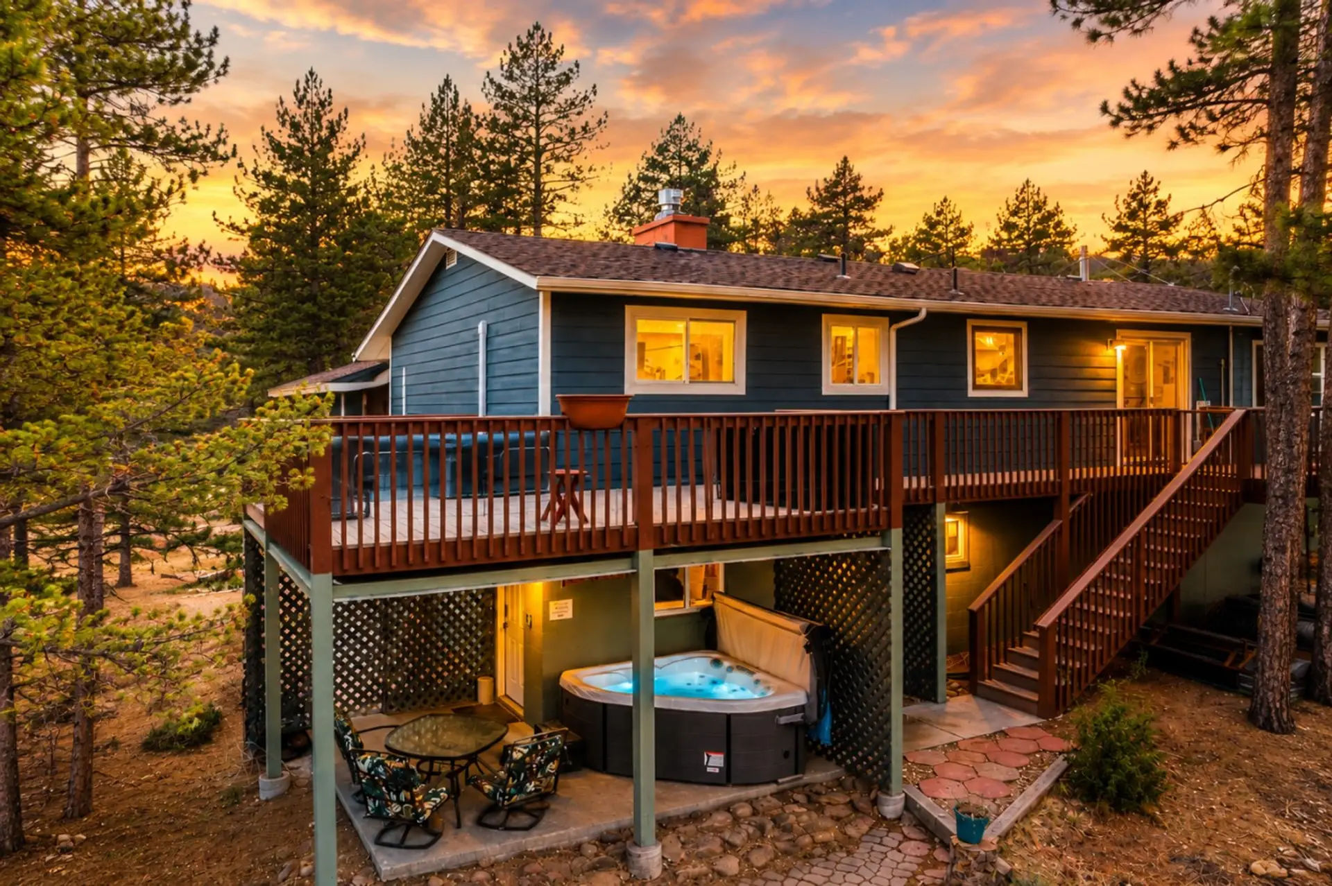 Soak in the hot tub surrounded by towering pines and the peaceful beauty of the Rocky Mountains.