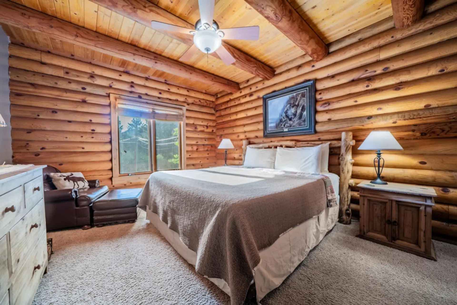 The master suite has a big walk in closet and private bathroom and king bed.