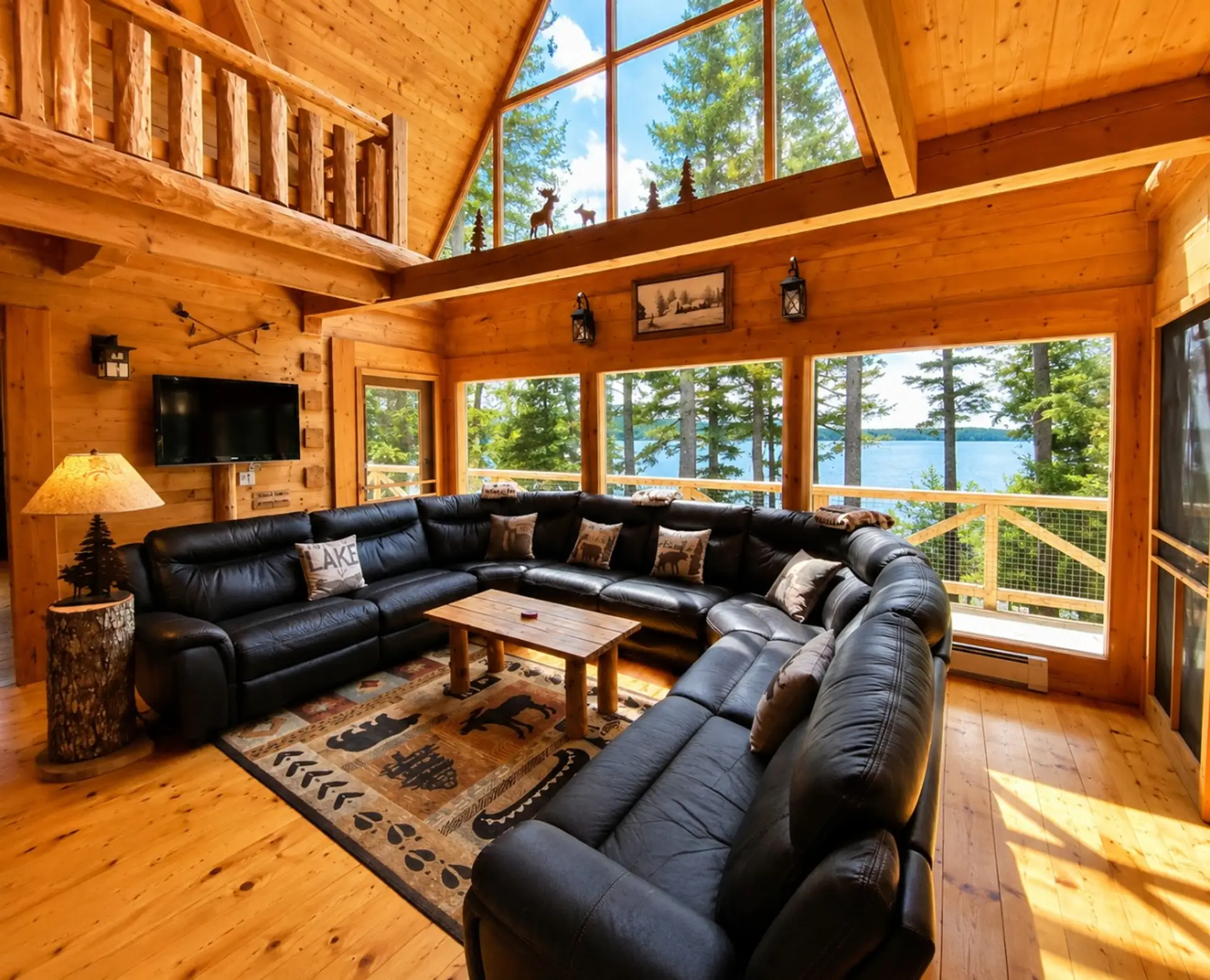 Stunning lakefront great room with soaring cathedral ceilings, floor-to-ceiling windows, and breathtaking water views that bring the outdoors inside.