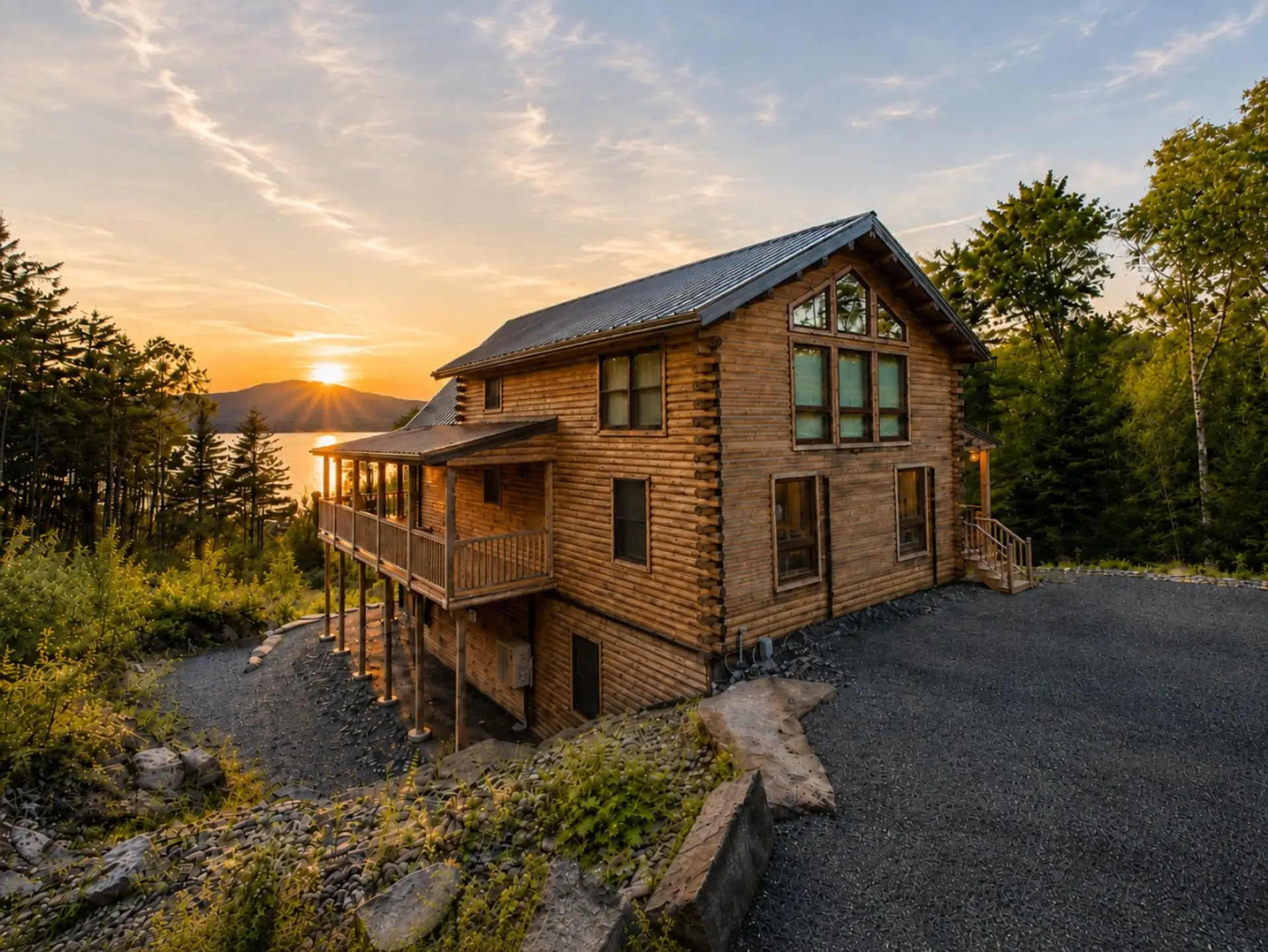 Stunning log cabin surrounded by nature with beautiful sunset views over the water and mountains.