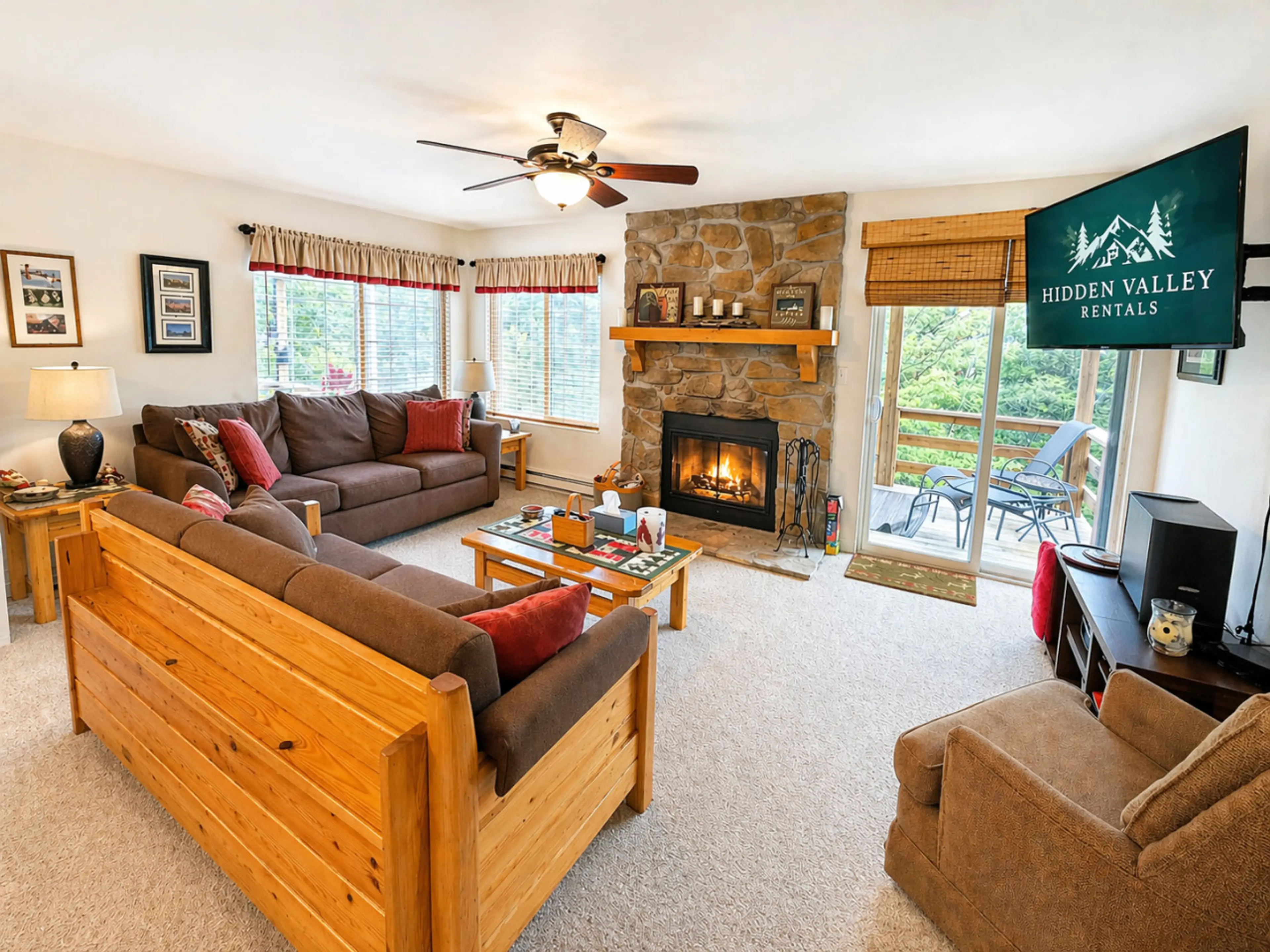 Living area w/wood fireplace & smart TV w/cable