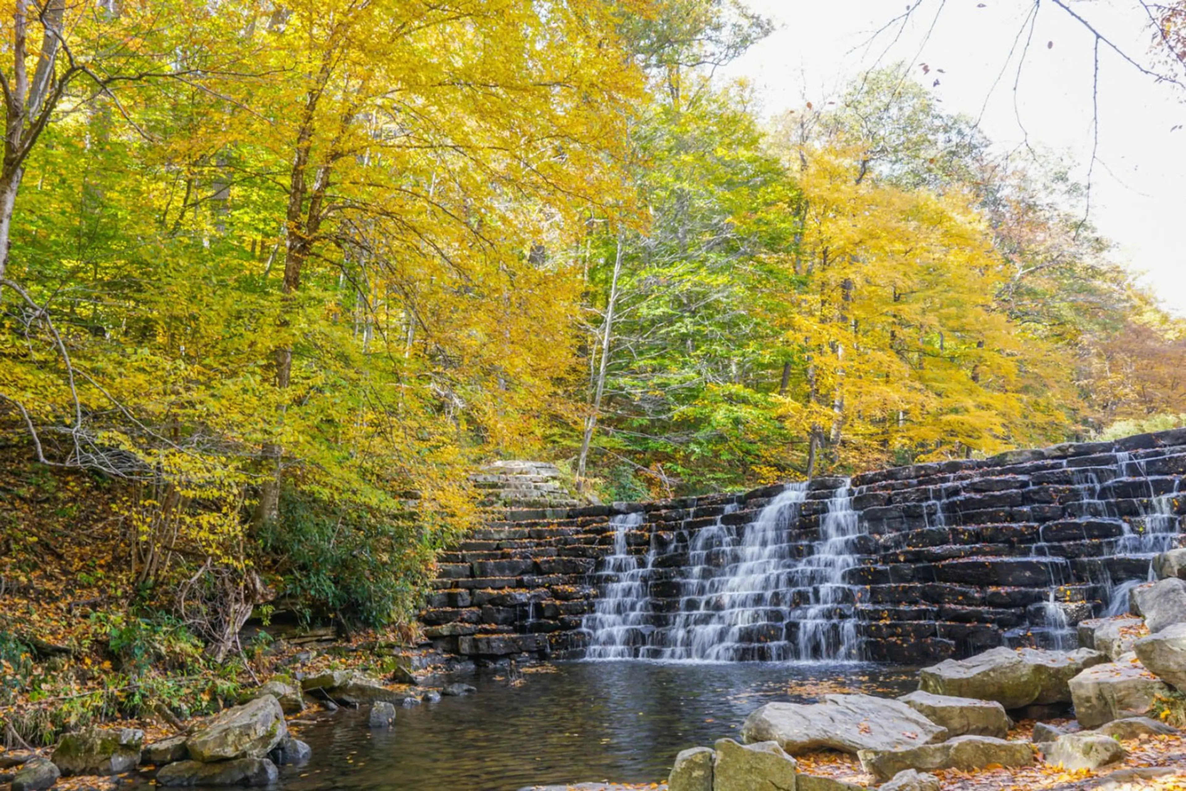 Golden autumn leaves frame the peaceful cascade at Laurel Hill State Park nearby