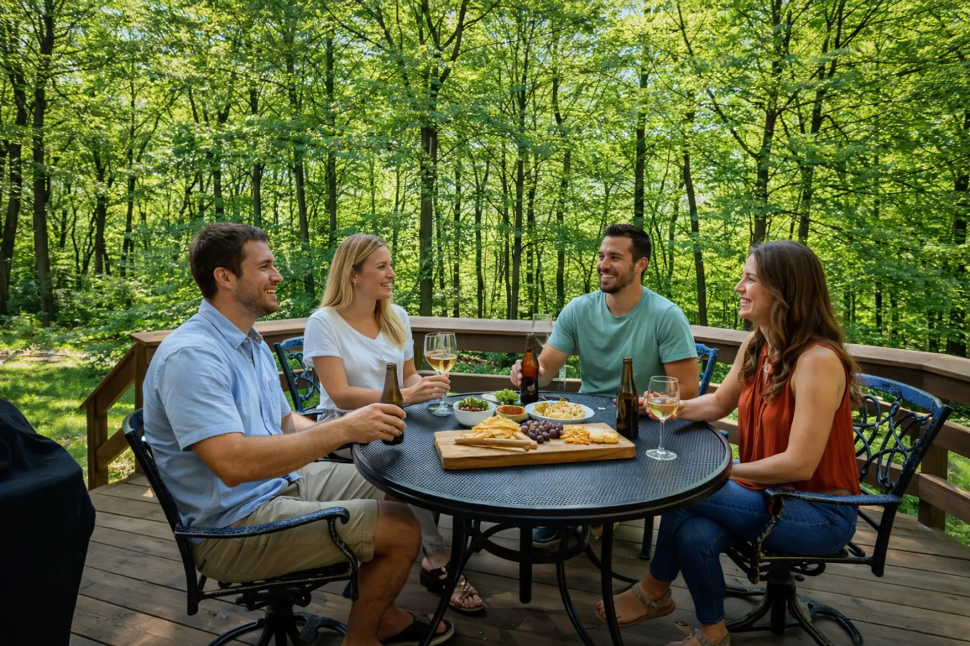 Relax on the back deck that's surrounded by trees