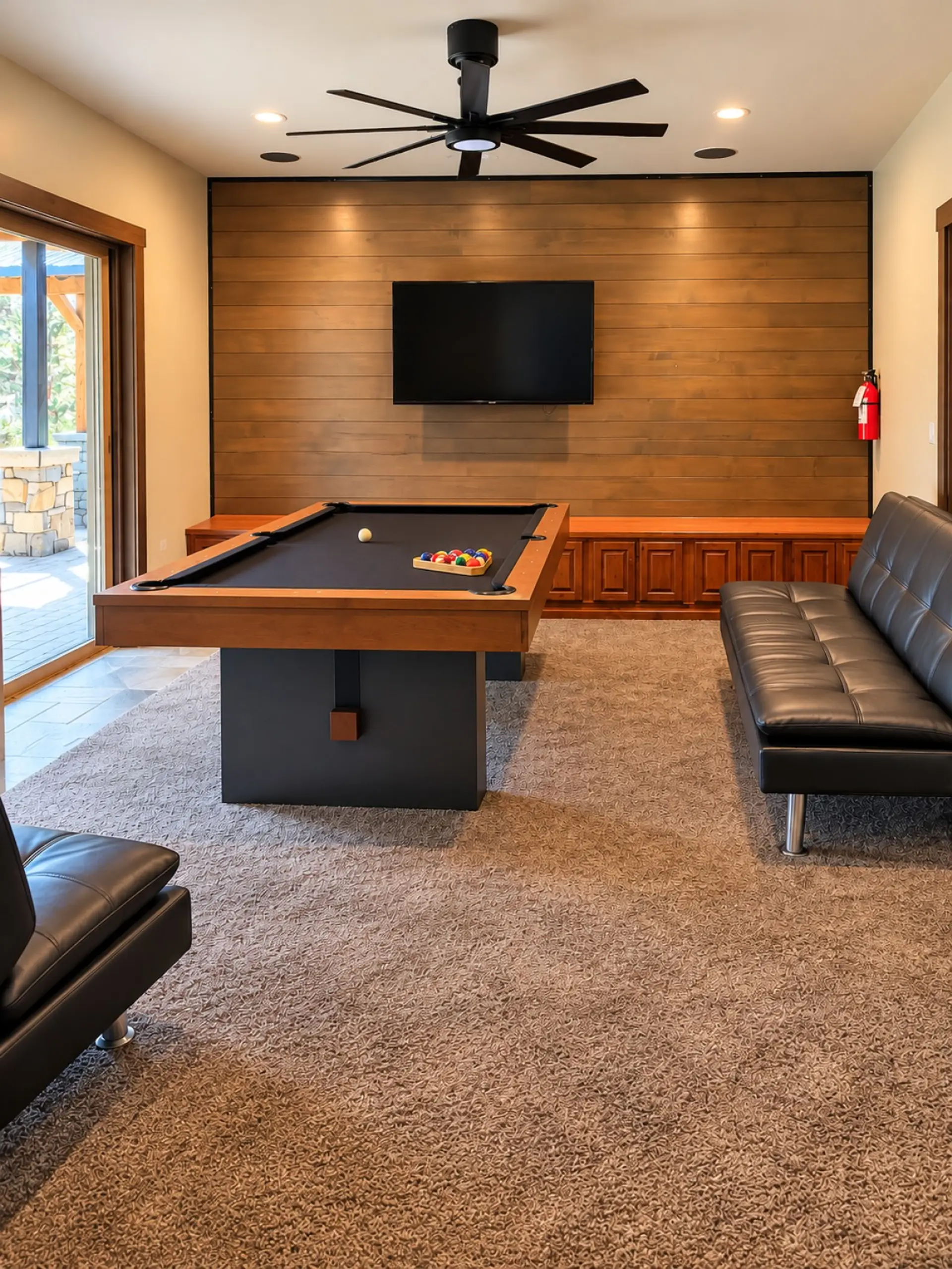 Modern Pool Room with Wood Accents