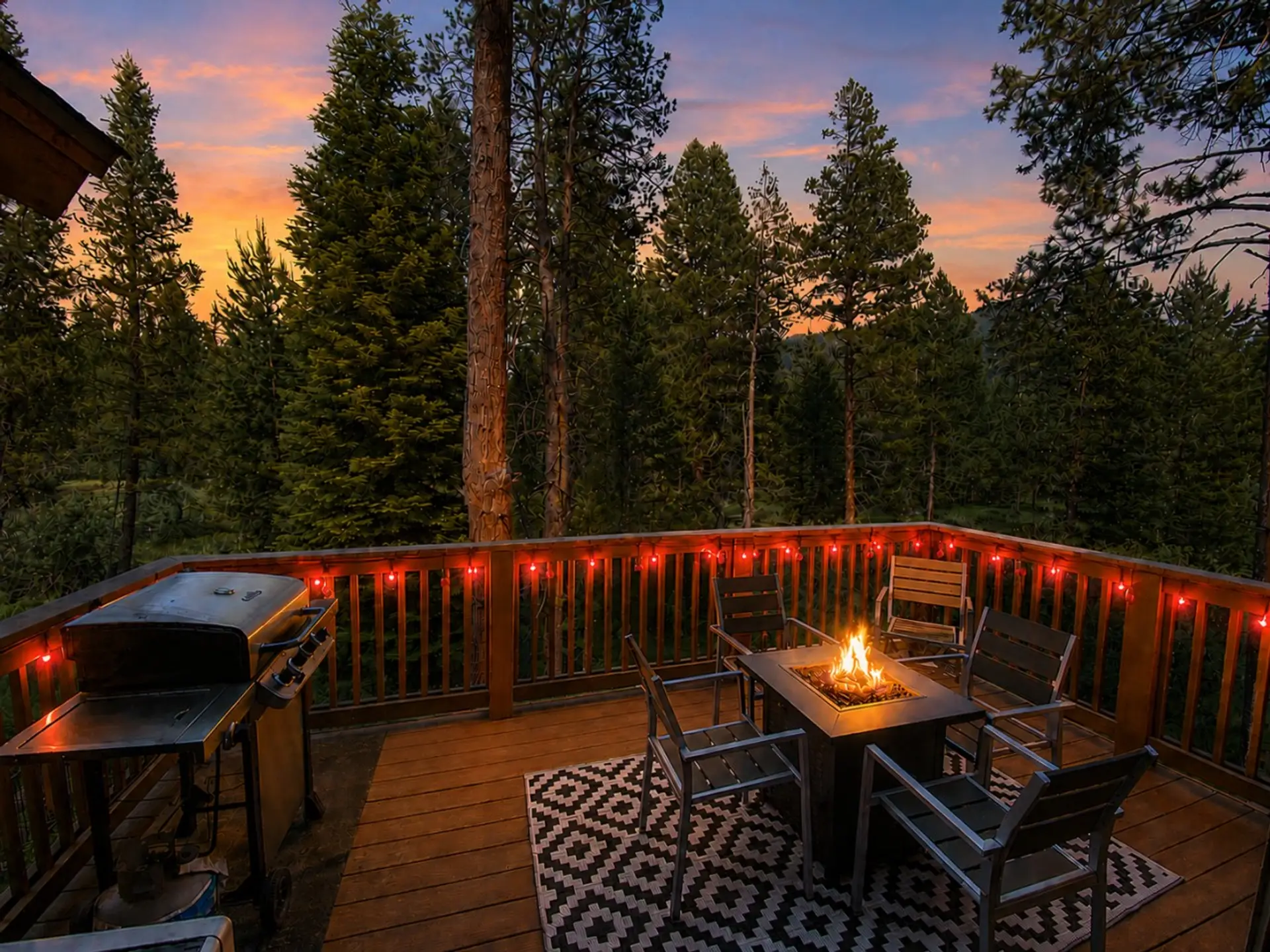 Upper deck with gas firepit & string lights