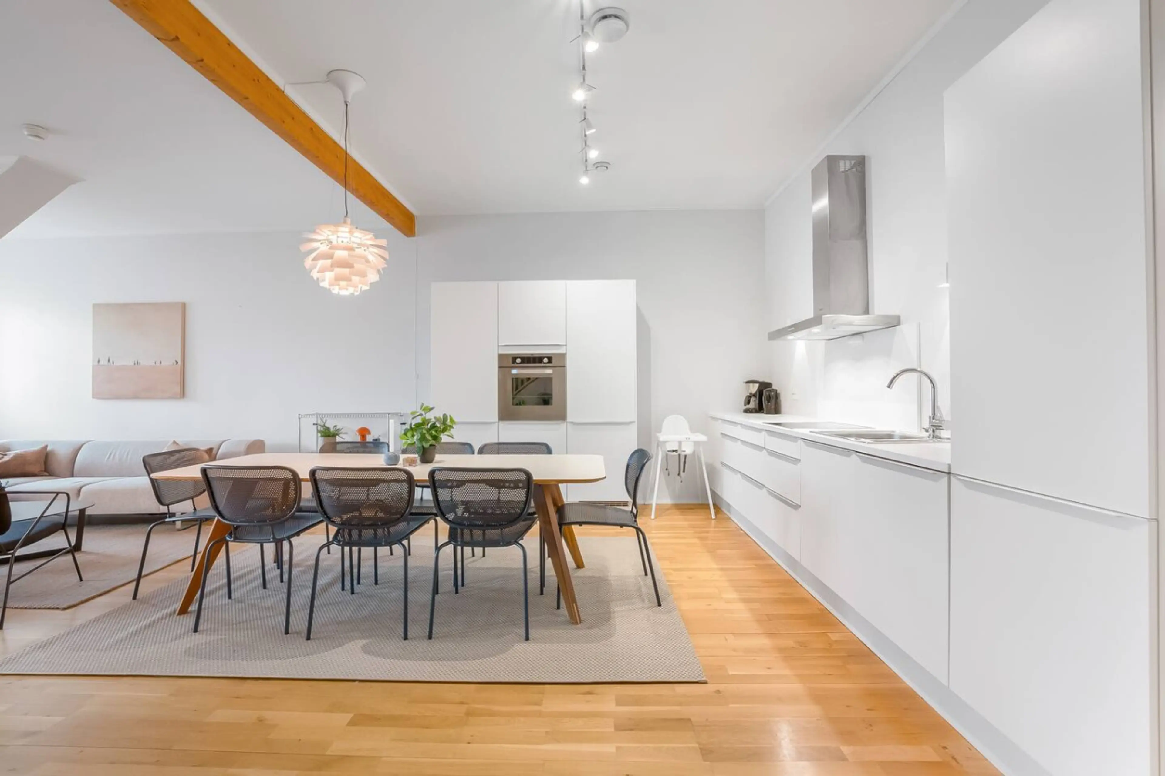 Microwave, kettle, coffee maker, and even a high chair for little ones.