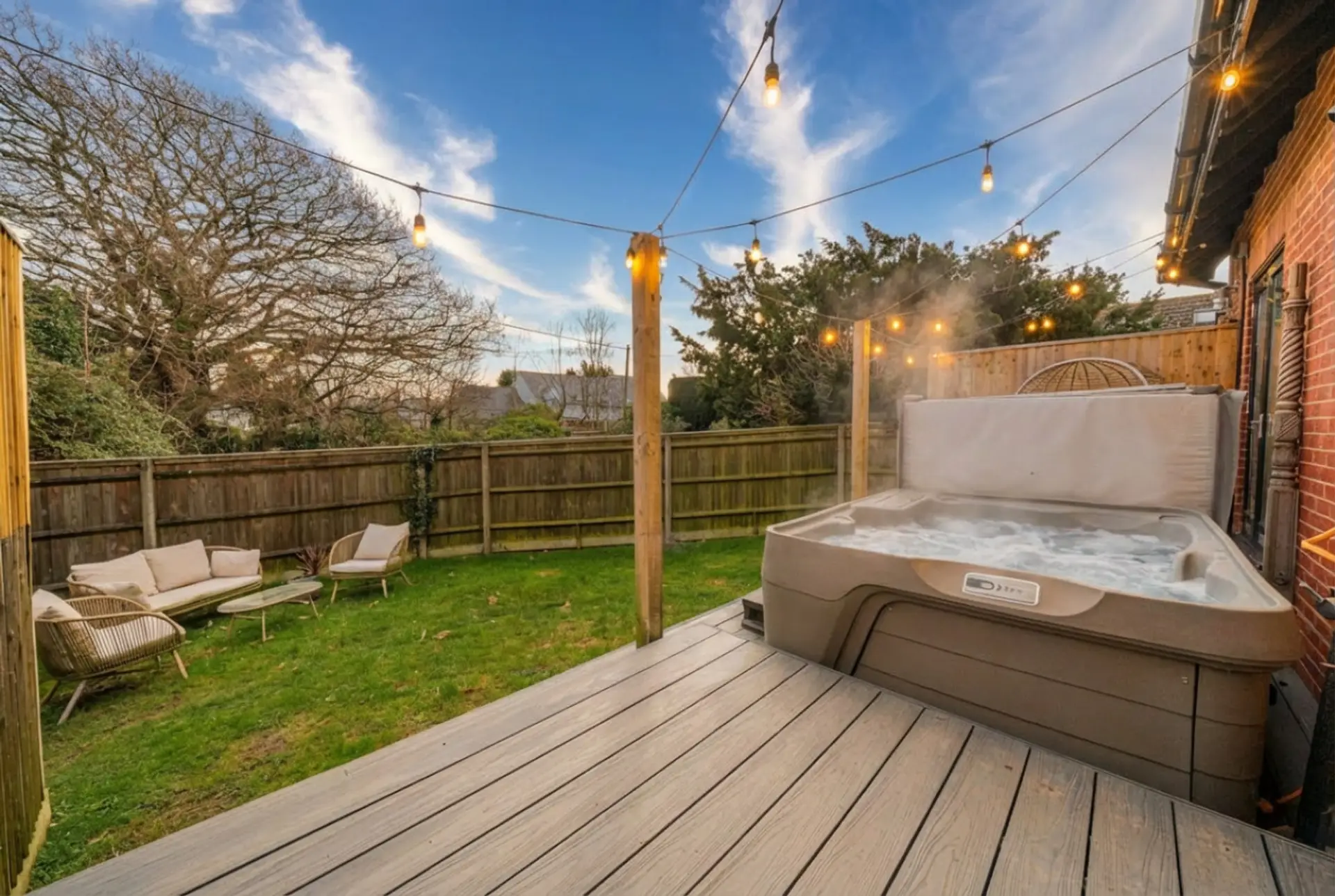 Bubbling hot tub under fairy lights with a private lawn all to yourselves.