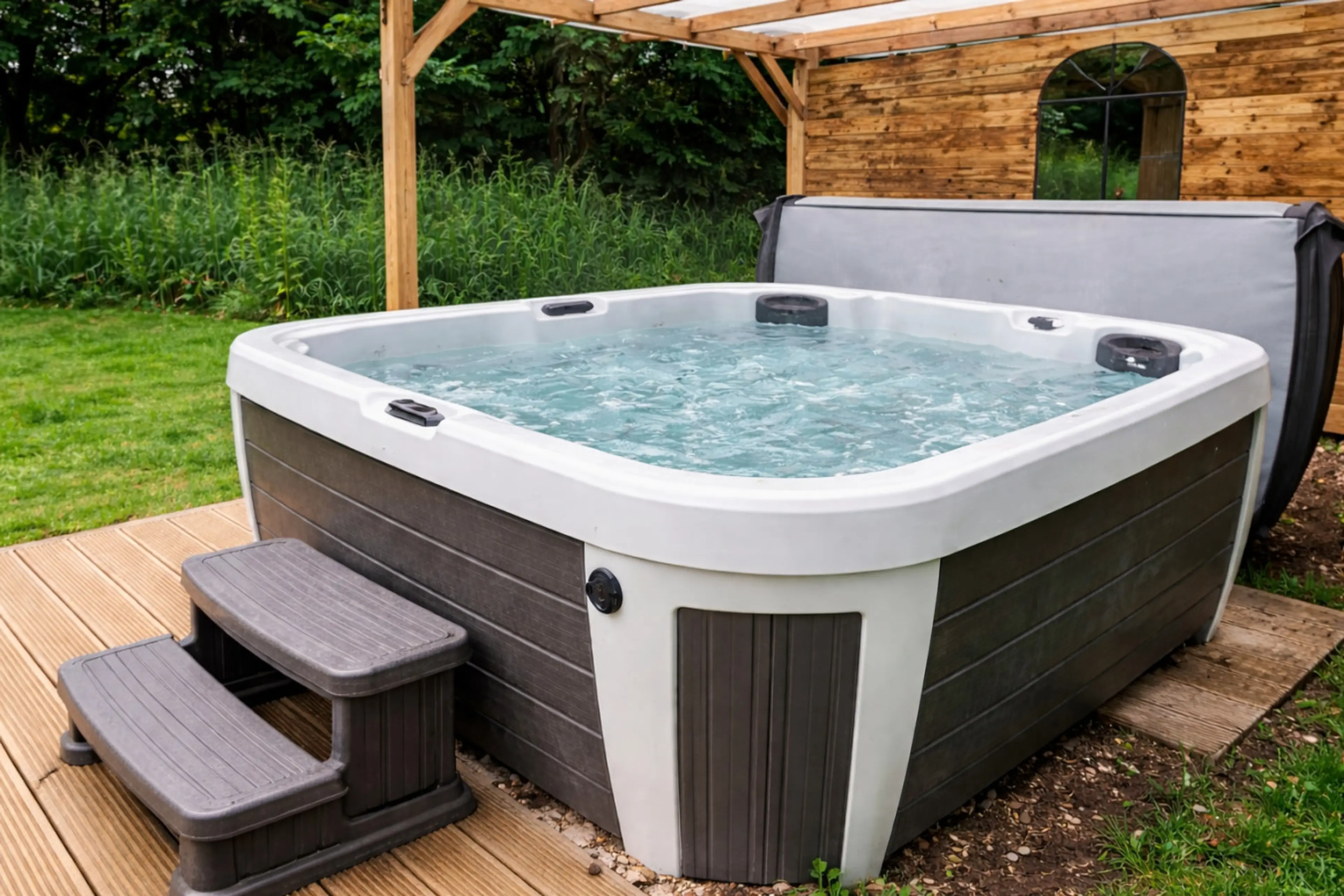A well-maintained dark hot tub sits on the decking within a garden enclosed by timber fencing and mature greenery.