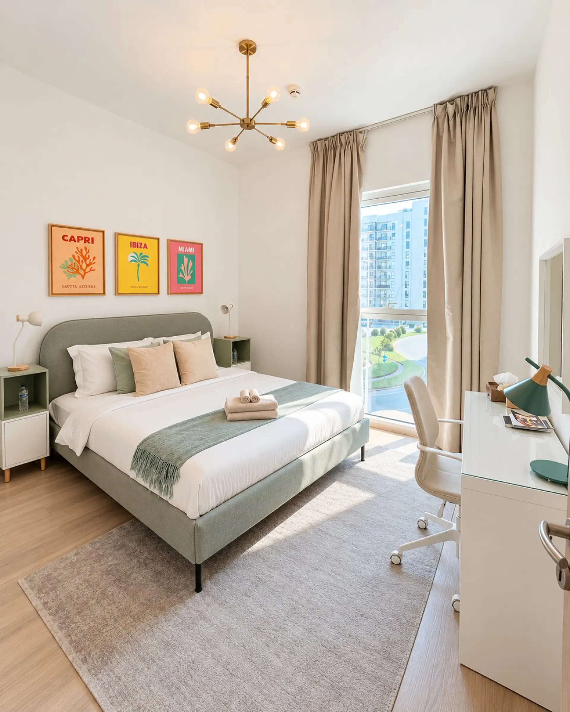 Peaceful bedroom with a comfortable bed, natural light and a dedicated workspace.