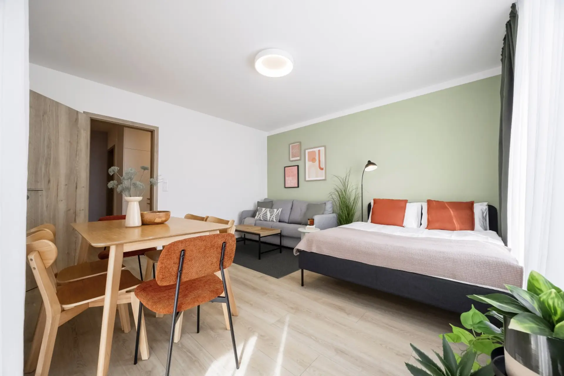 Sleeping and living area with a king-size bed, sofa bed and dining space