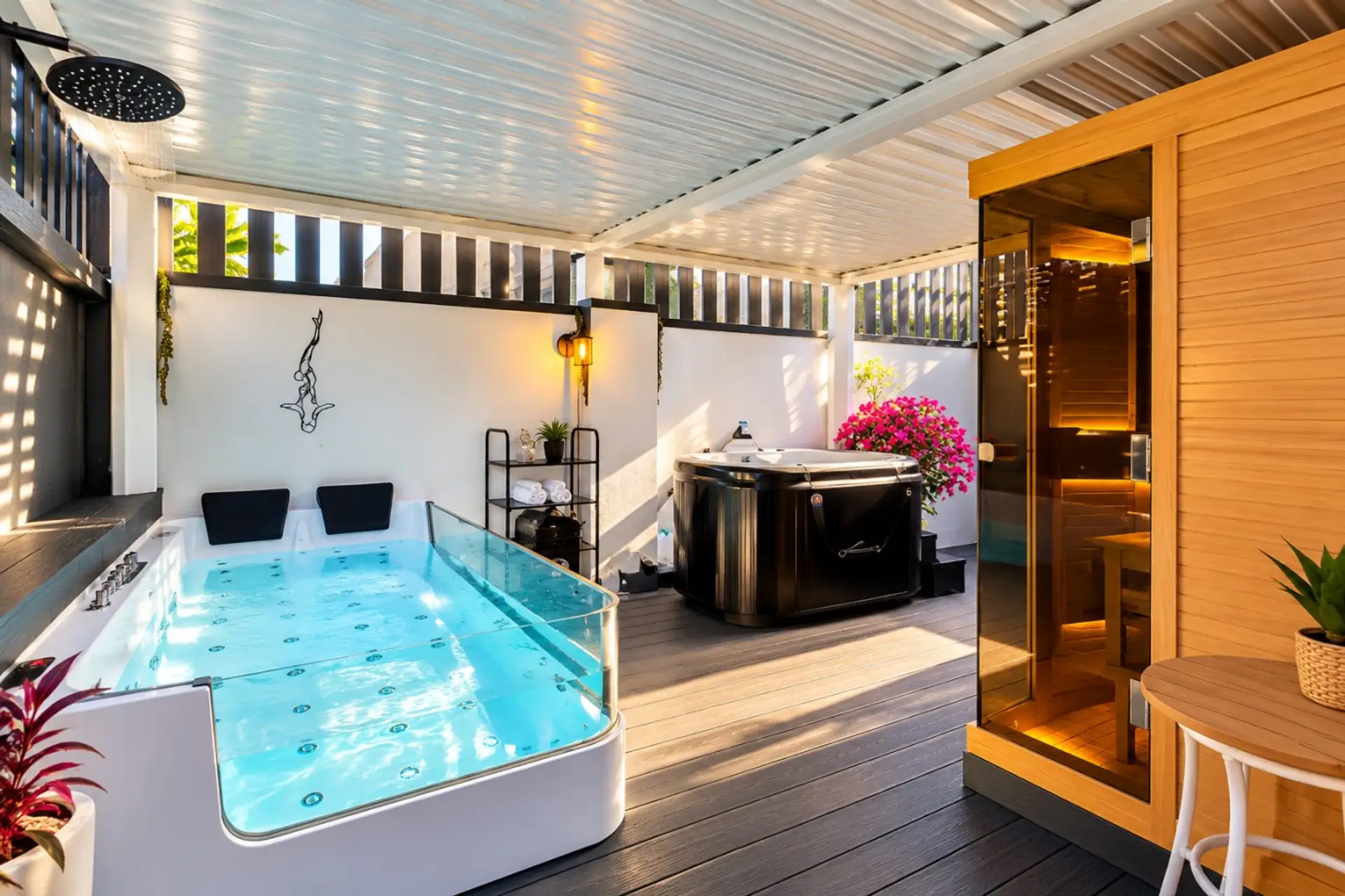 Your private wellness retreat in Downtown Phoenix, featuring a luxurious hydrotherapy spa, hot tub, sauna, and outdoor shower—all exclusively yours to enjoy.
