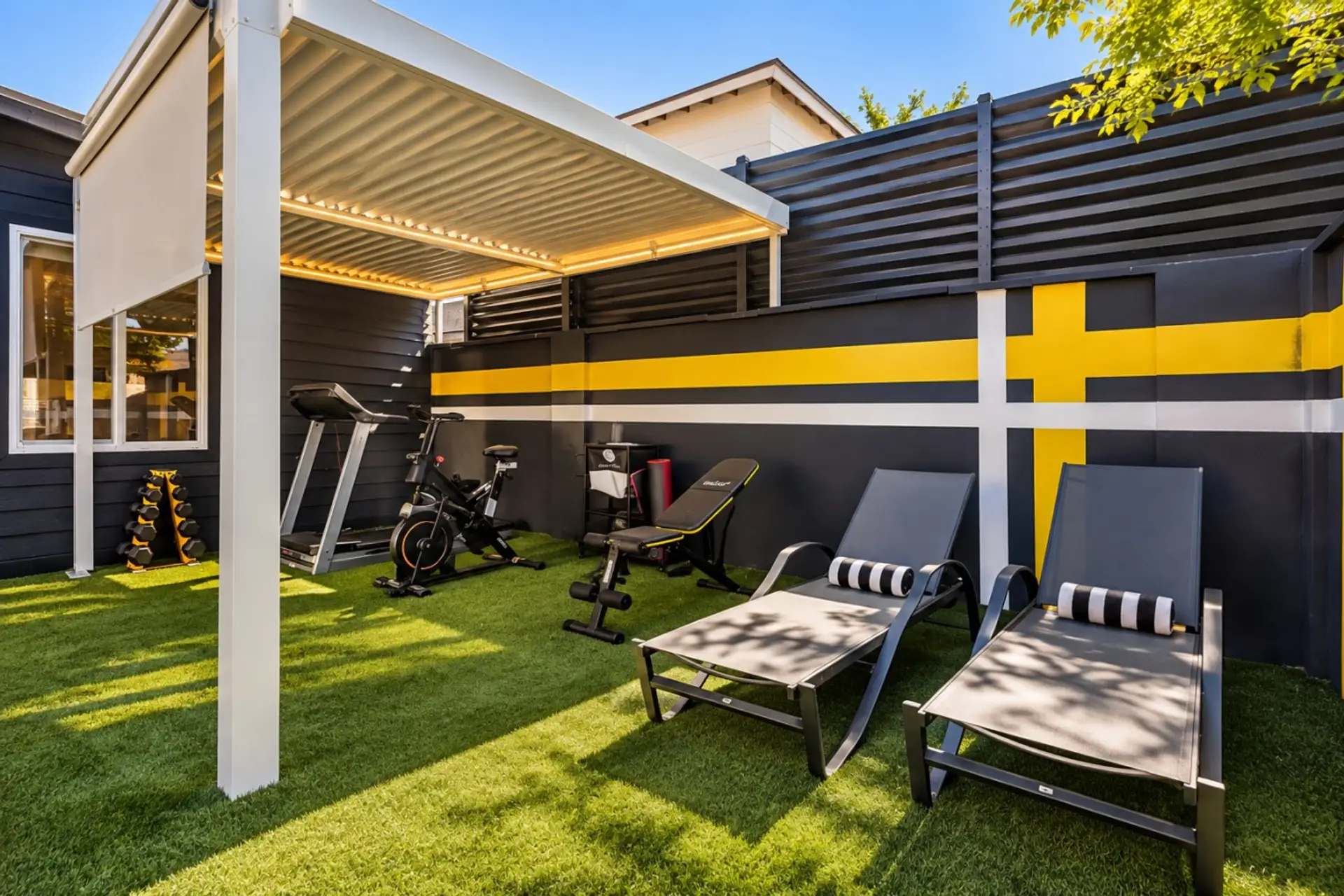Private outdoor gym with fitness equipment and dedicated space for your daily workout.