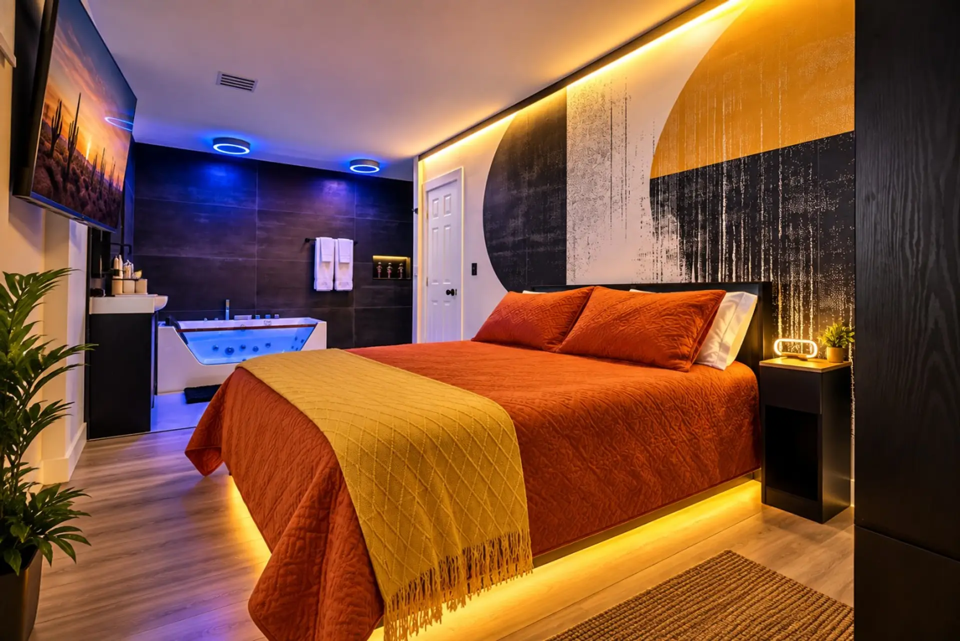 Relax in the master bedroom featuring a private 9-point massage bathtub and rain shower for a spa-inspired stay.