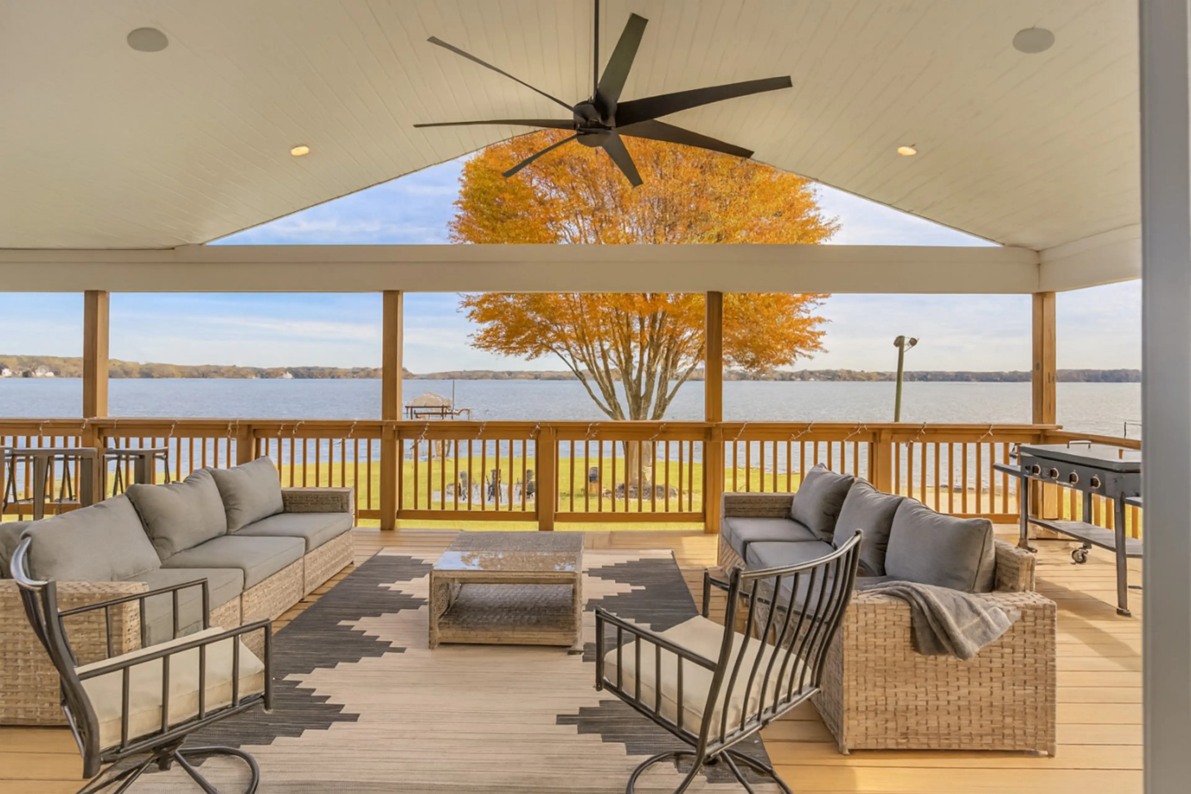 Relax on our huge upper deck overlooking the lake with Blackstone griddle and BBQ grill