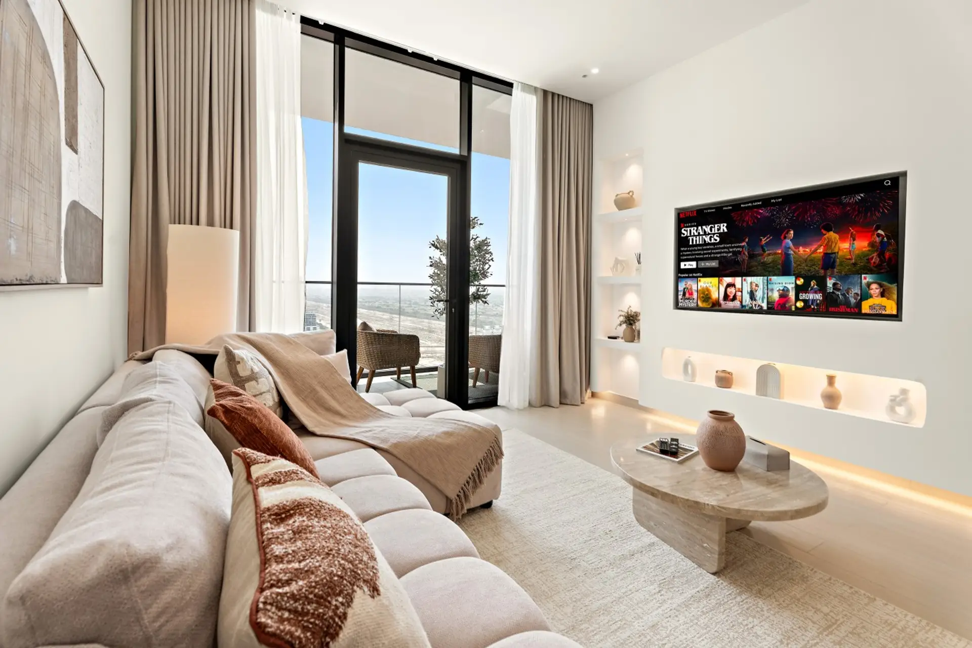 Living Room: Relax in our stylish space featuring a comfortable sofa that converts into a sofa bed, free Netflix, high-speed internet, and centralized air conditioning.